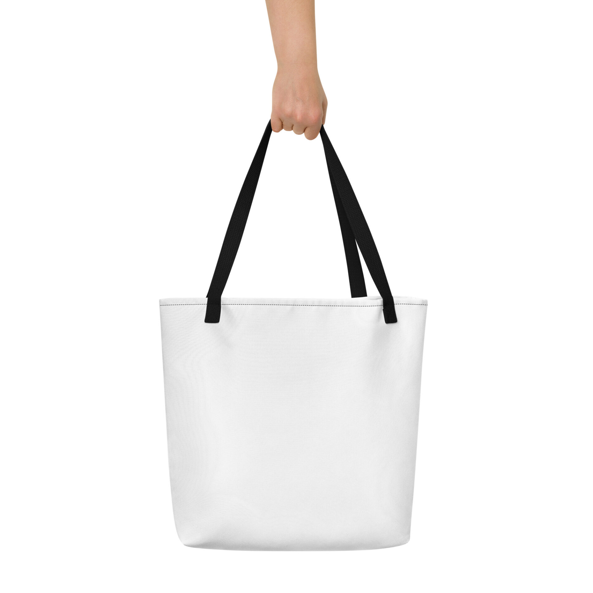 White tote bag with black handles.