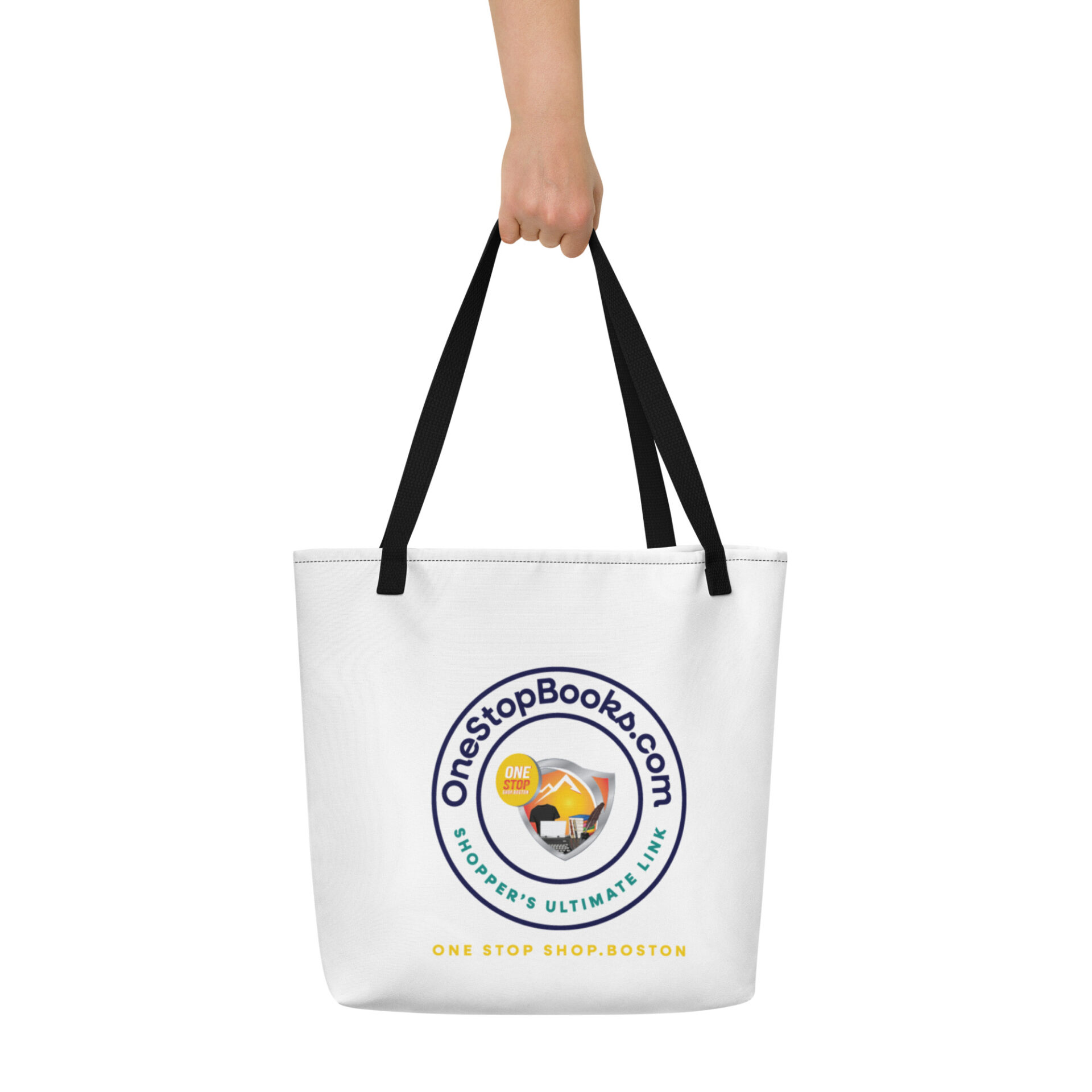White tote bag with OneStopBooks.com logo.
