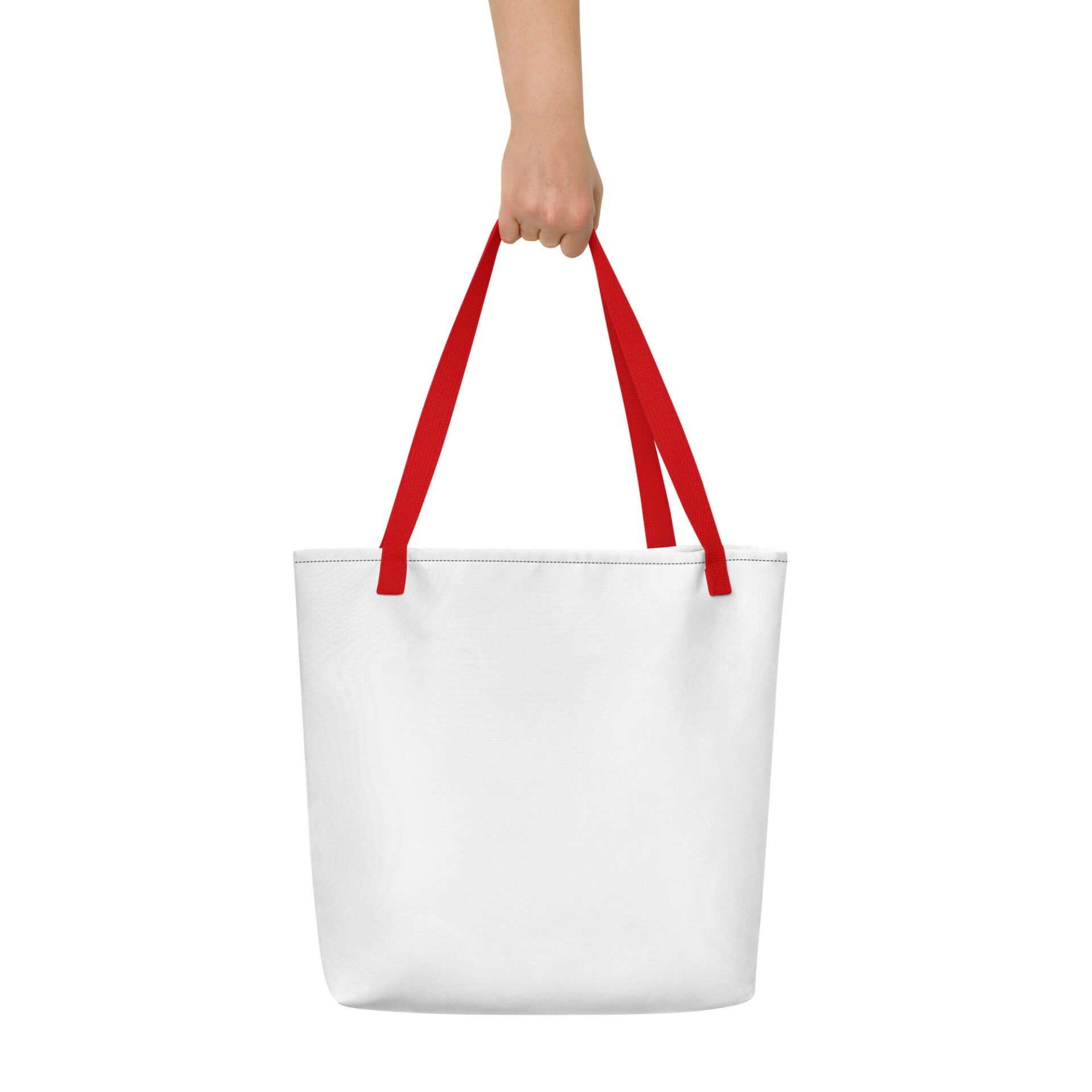 White tote bag with red handles.