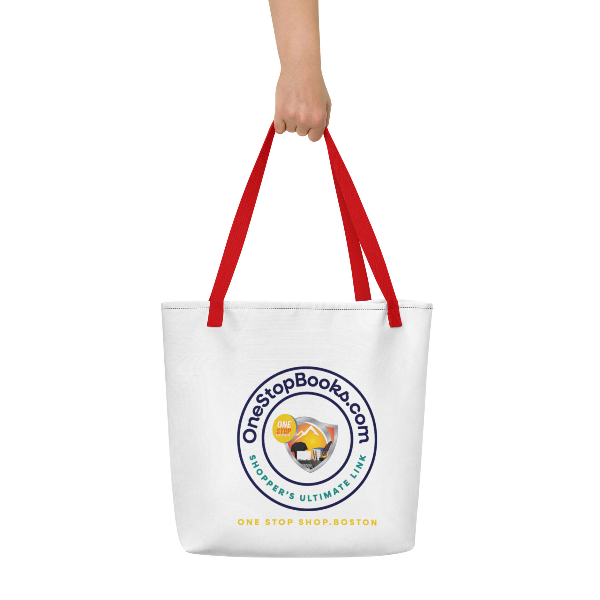 White tote bag with OneStopBooks.com logo.