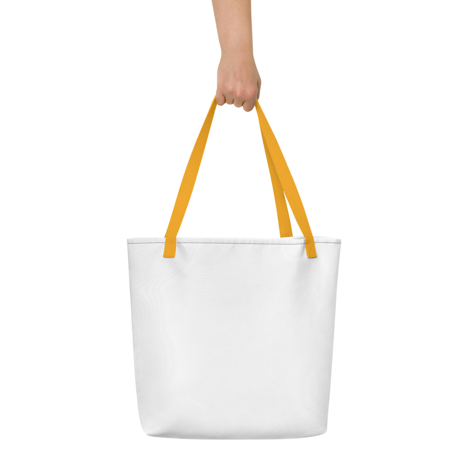White tote bag with yellow handles.