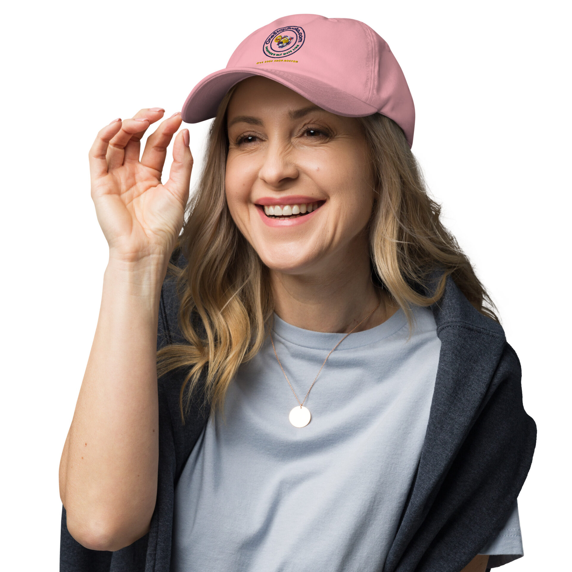 Woman wearing pink cap with logo and necklace.
