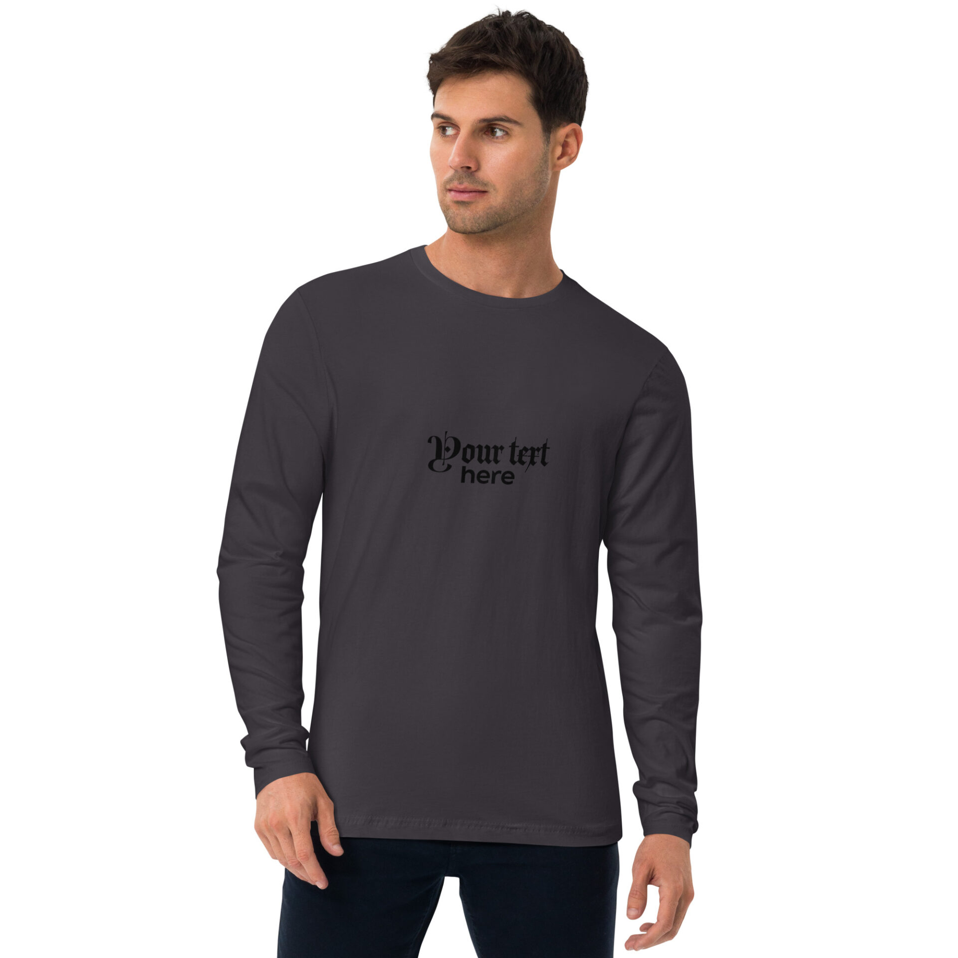 Man in a long sleeve shirt with text.