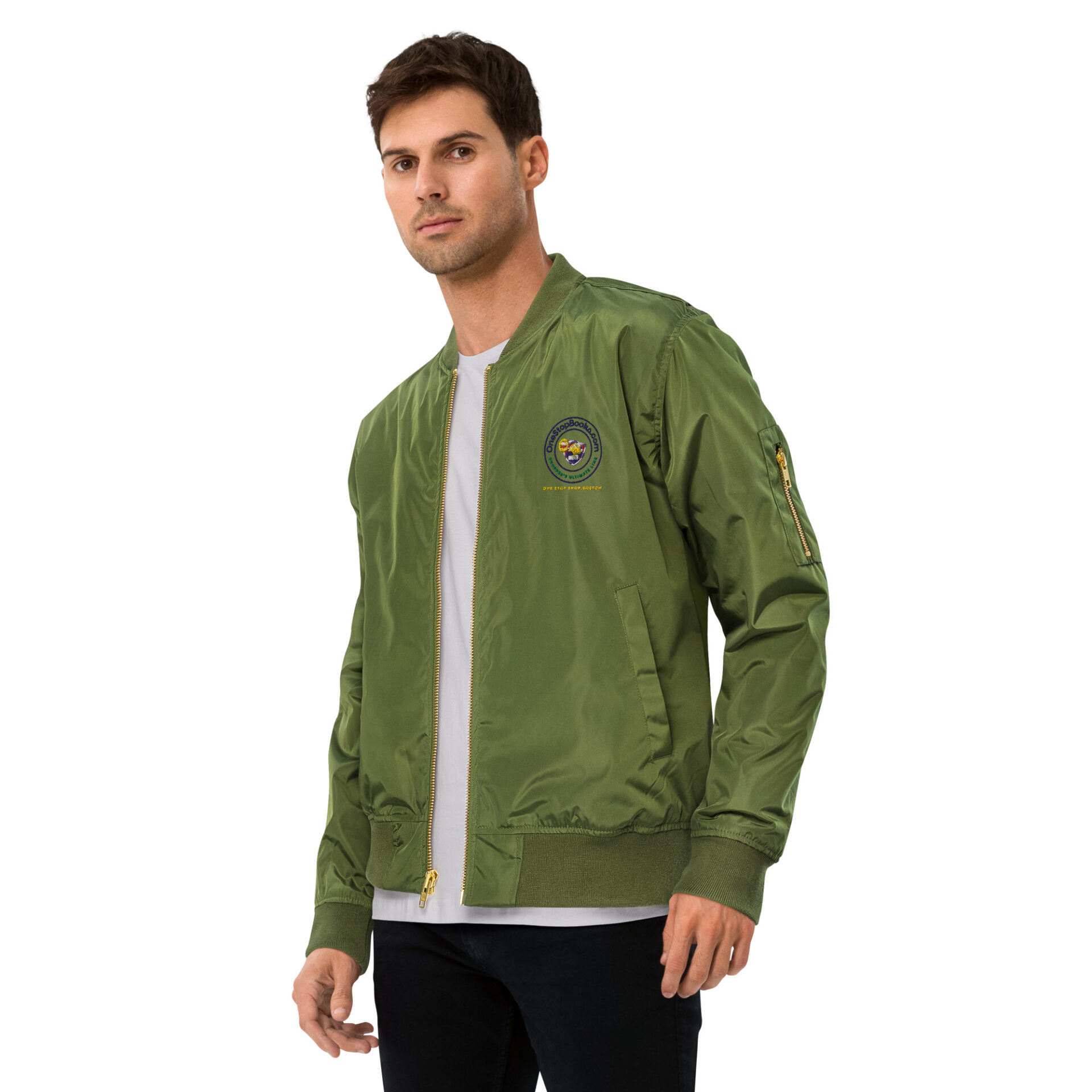 Man wearing a green bomber jacket with logo.