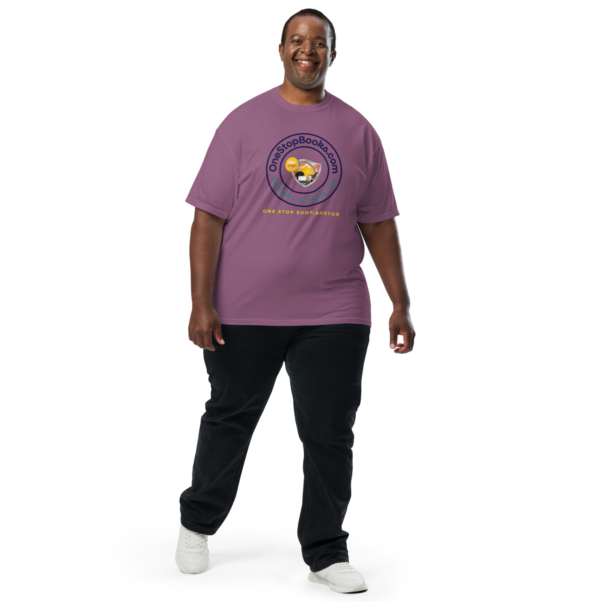 Man wearing a purple OnestopBooks.com t-shirt.
