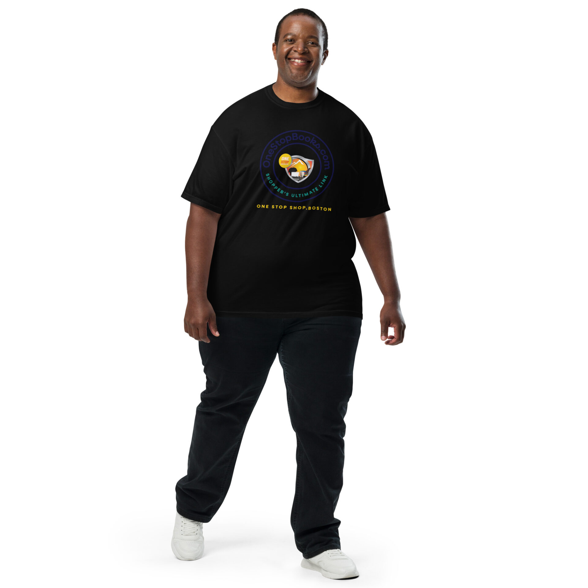 Man wearing a black One Stop Books T-shirt.