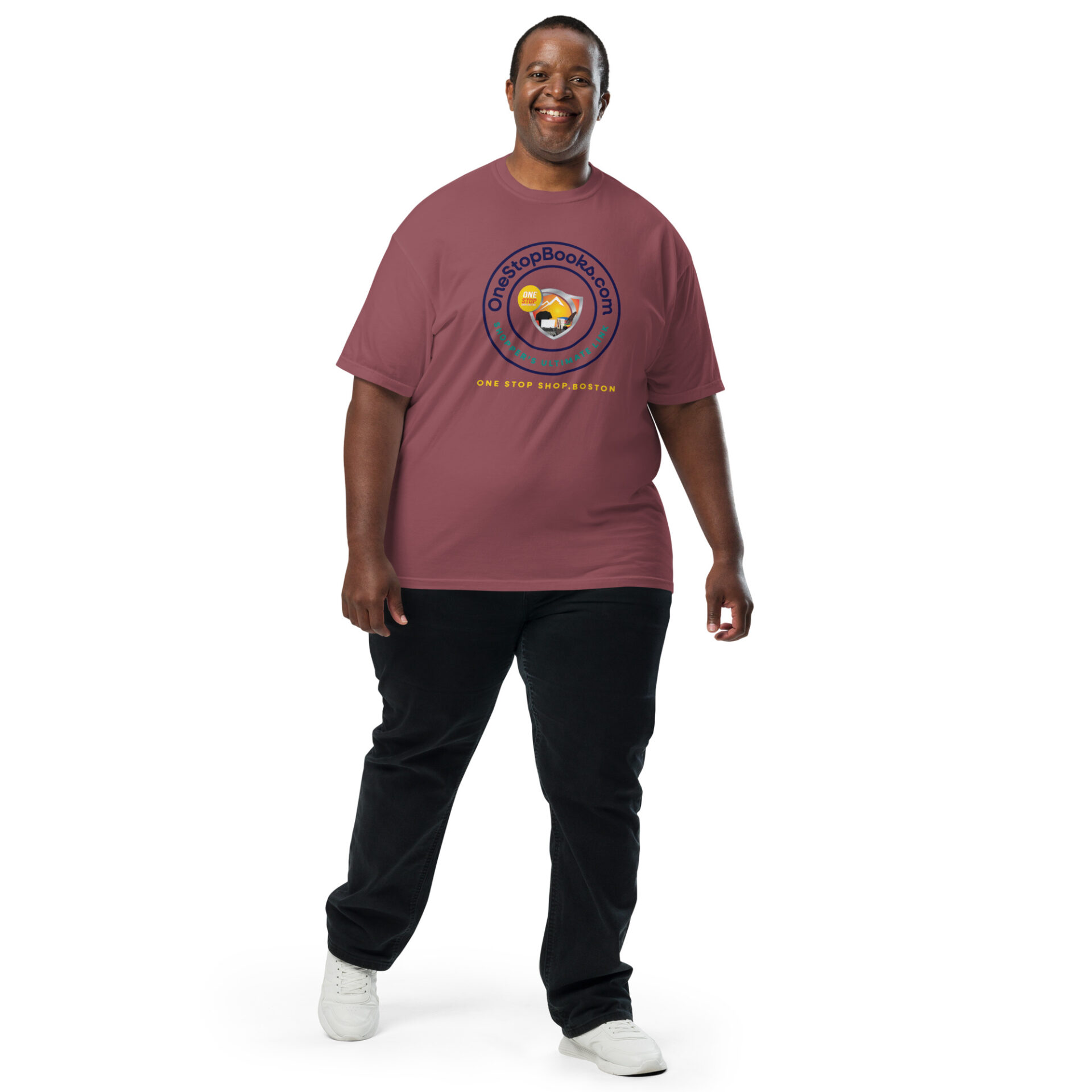 Man wearing a One Stop Books t-shirt.