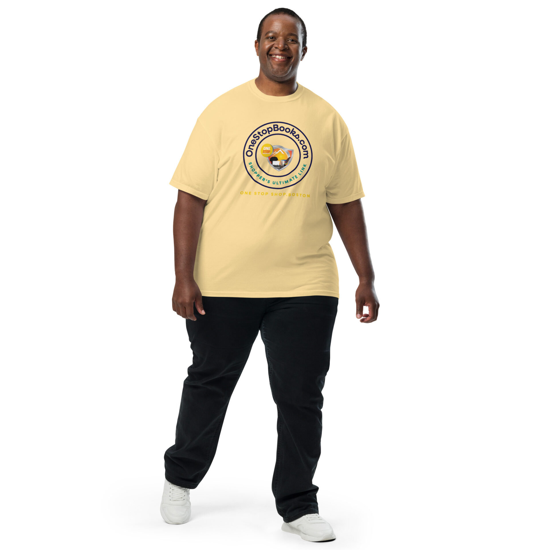 Man wearing a One Stop Books t-shirt.