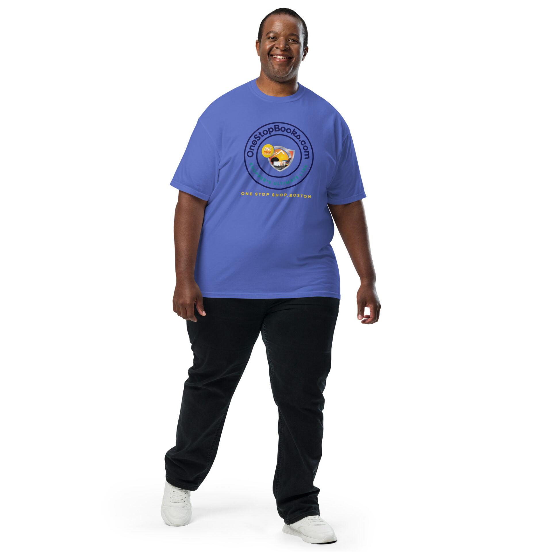 Man in blue shirt with OneStopBooks.com logo.