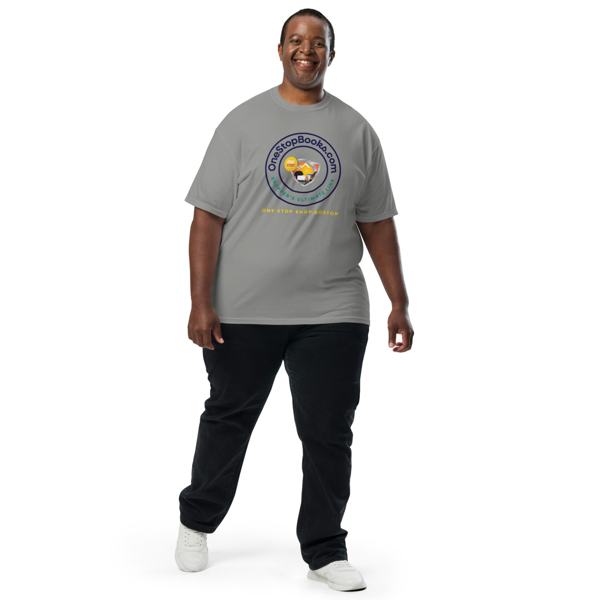 Man wearing a grey One Stop Books shirt.