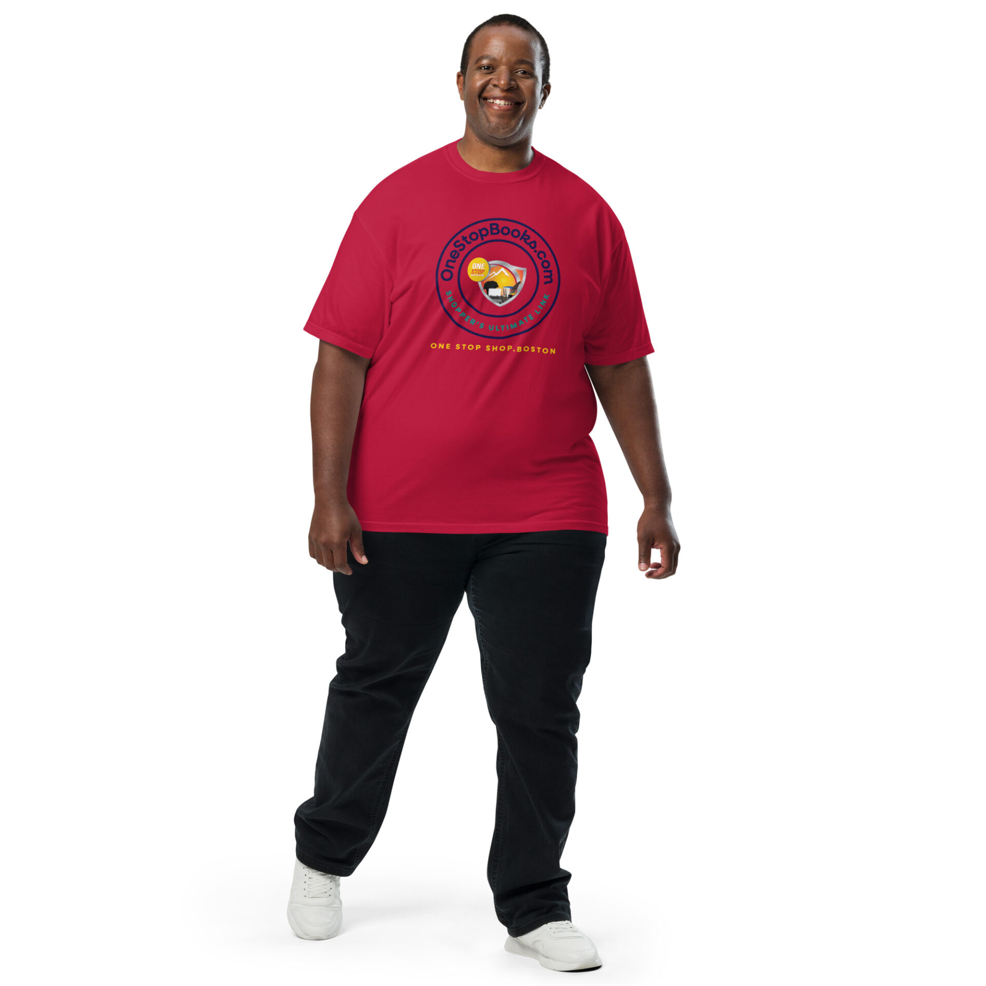Man wearing red t-shirt with logo.