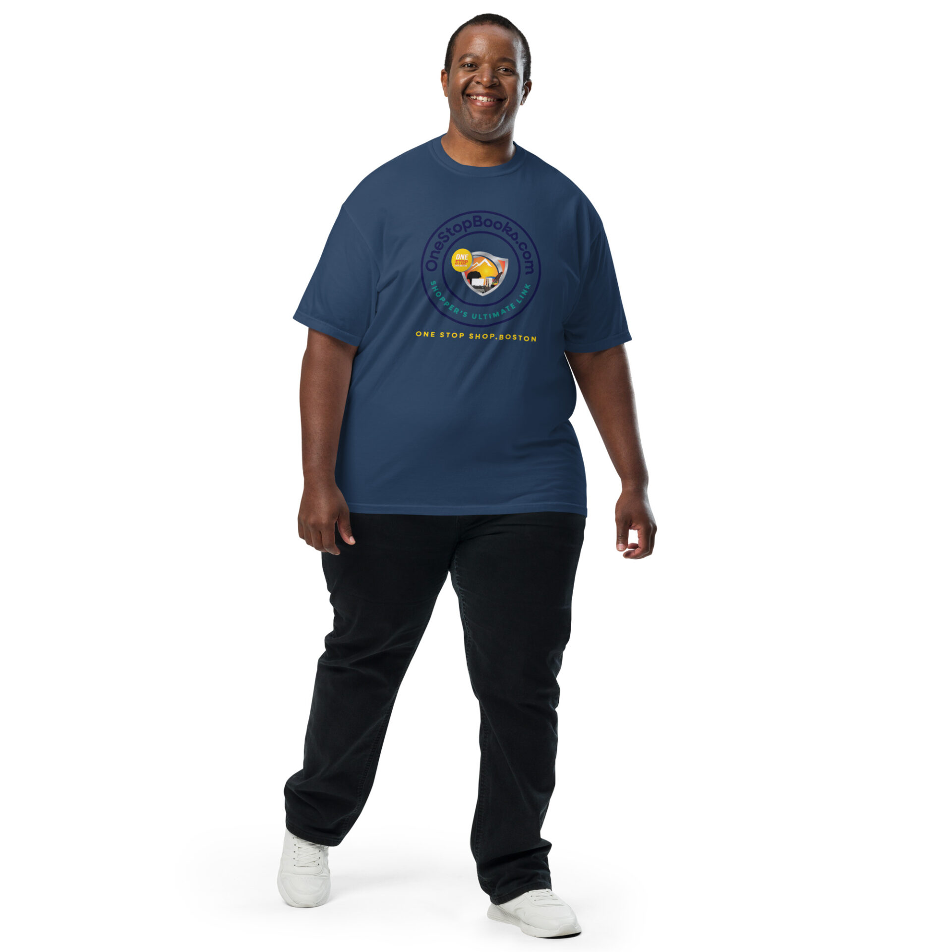 Man wearing a OneStopBooks.com t-shirt.