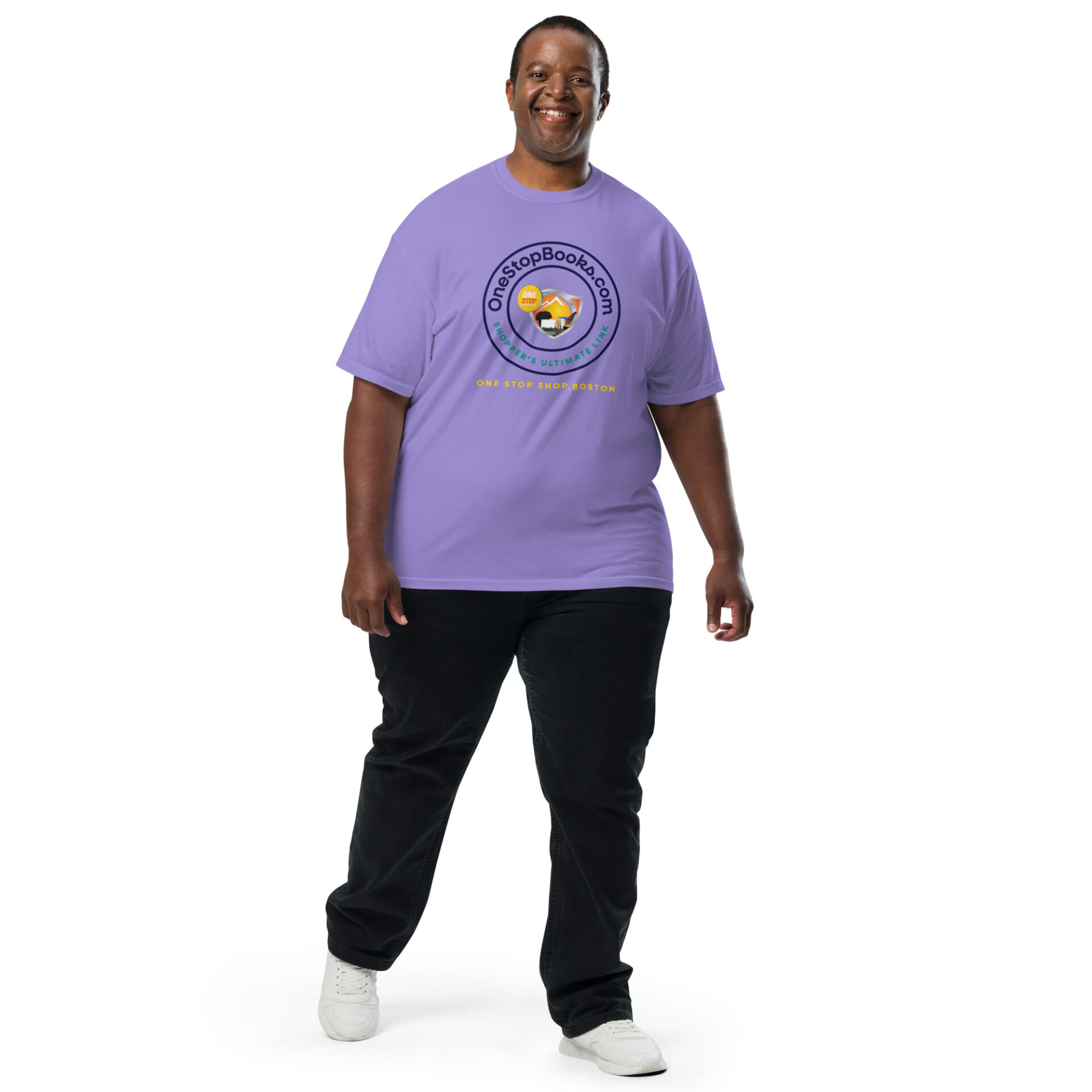 Man wearing purple OneStopBooks.com T-shirt.