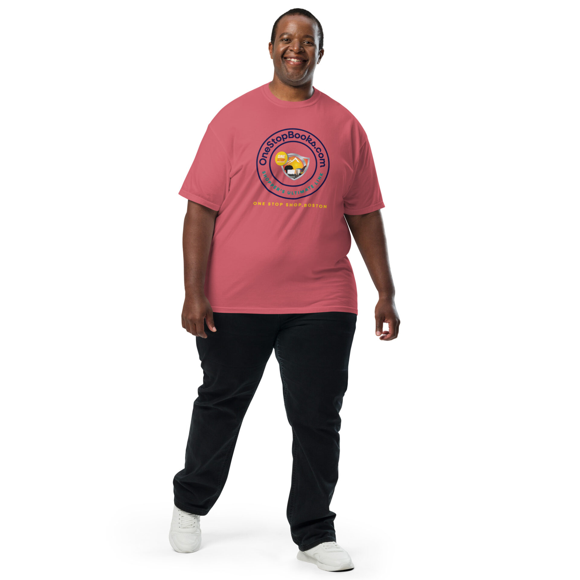 Man wearing pink shirt with OnestopBooks.com logo.