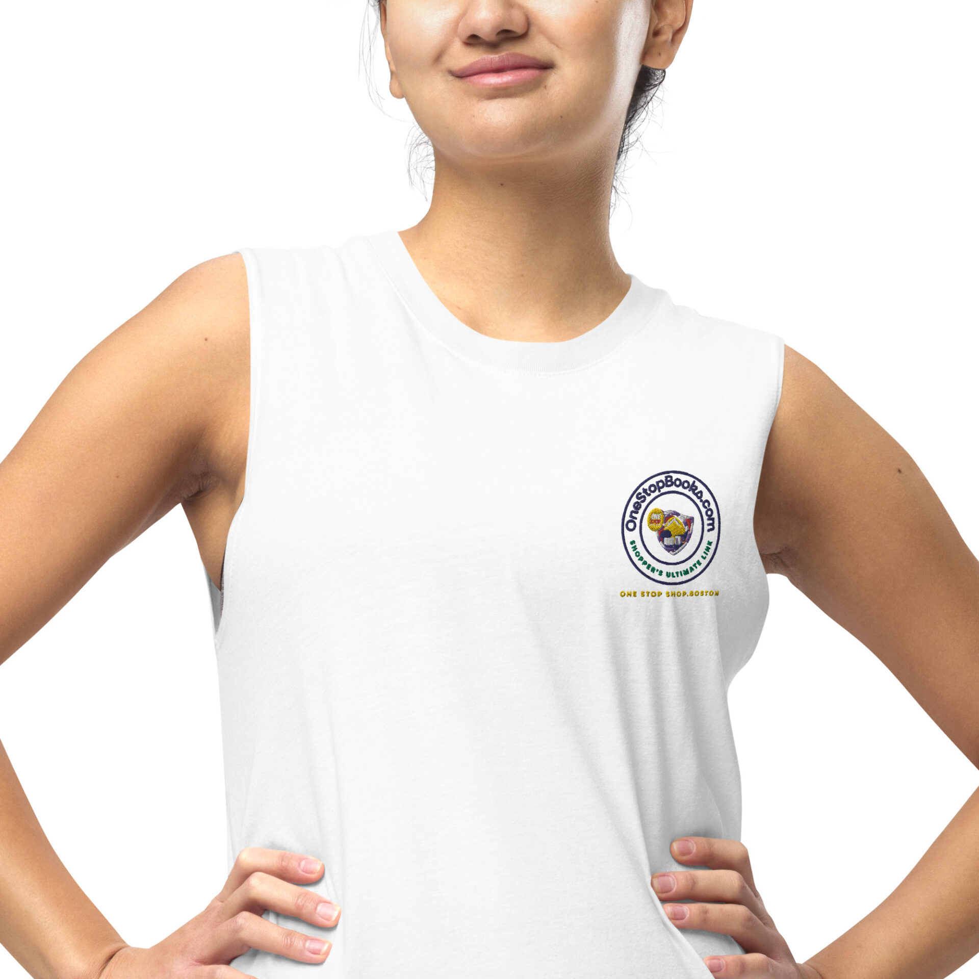 Woman wearing a white sleeveless shirt with logo.
