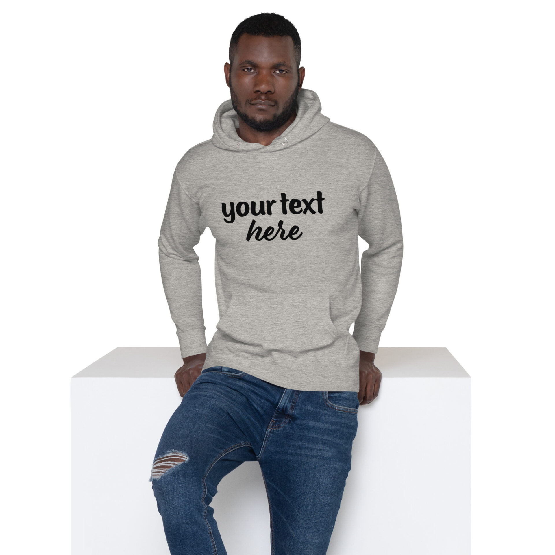 Man in grey hoodie with custom text.