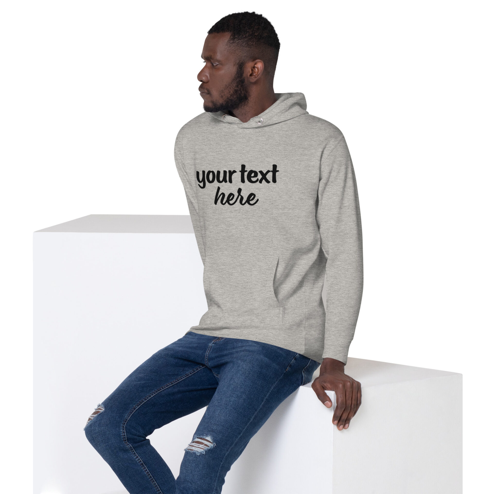 Man wearing a grey hoodie with text.