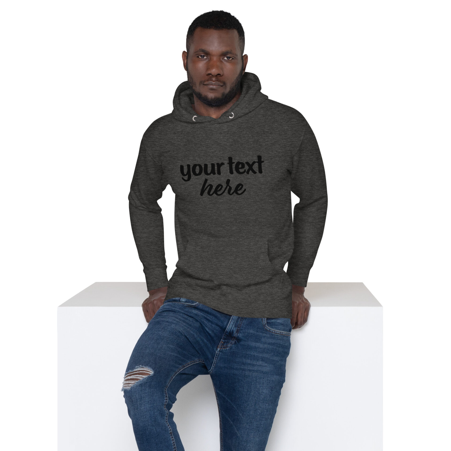 Man wearing a gray hoodie with text.