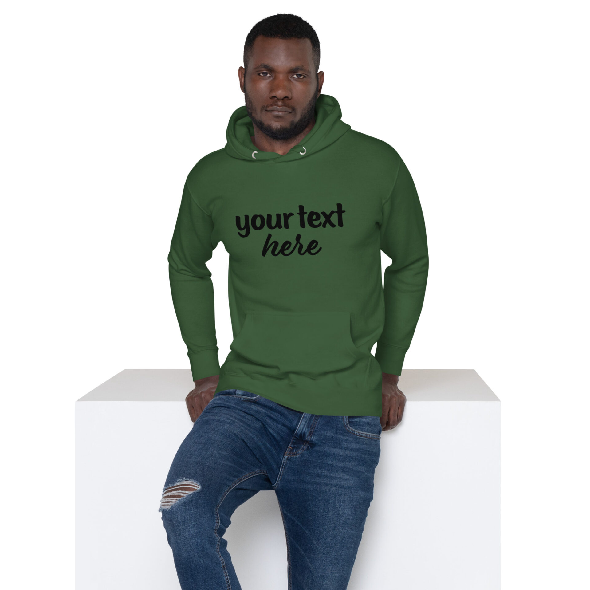 Man in green hoodie with "your text here"