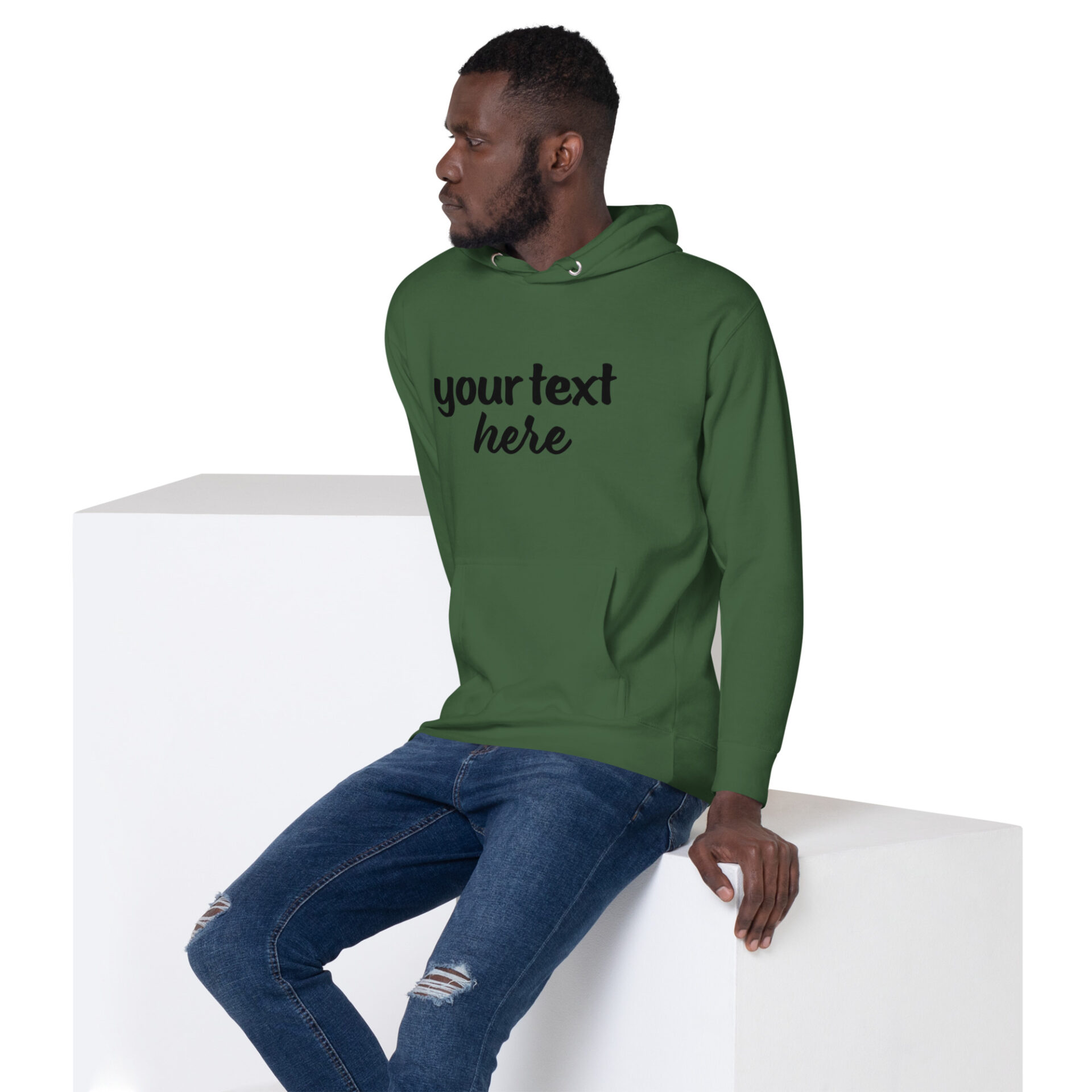 Man in green hoodie with text overlay.