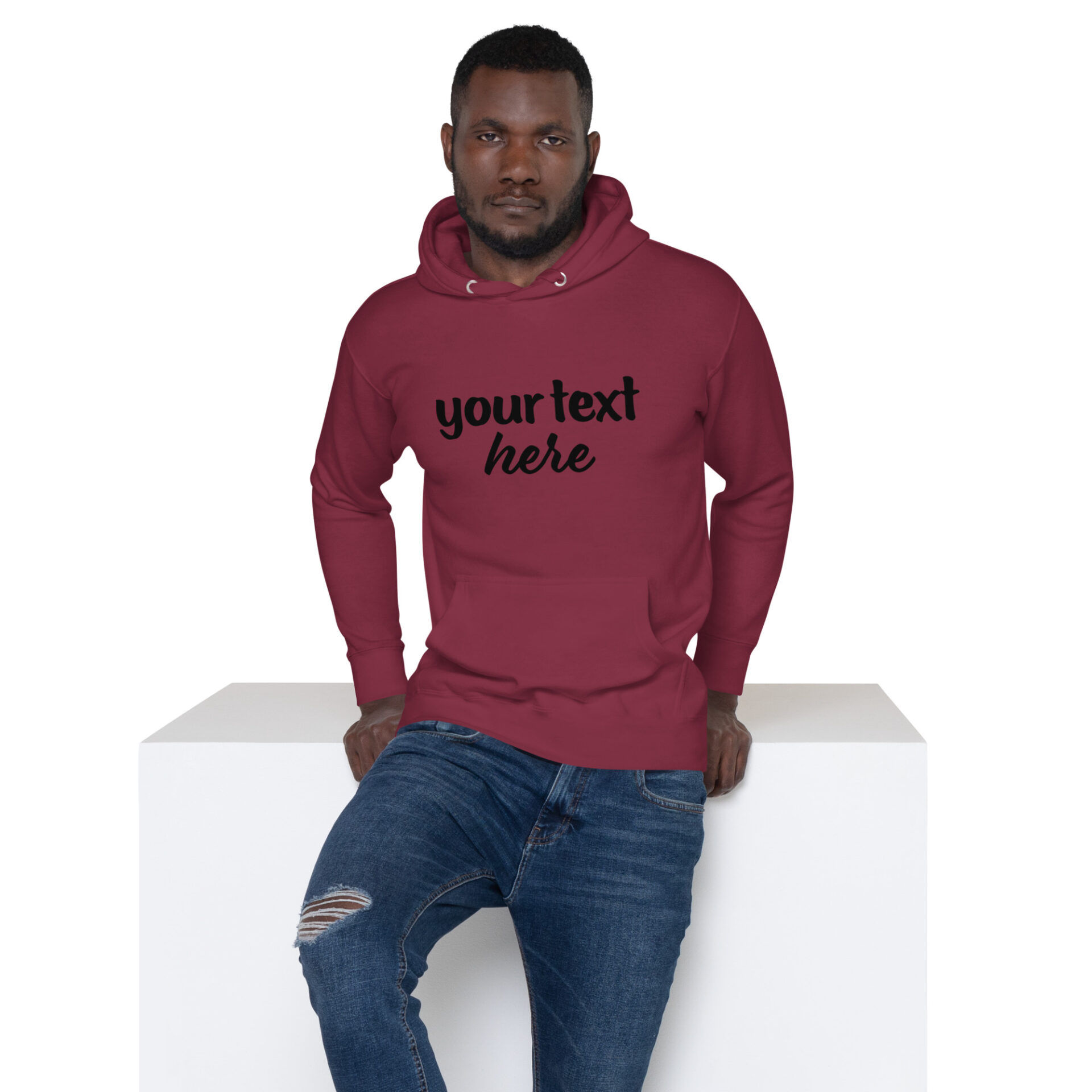 Man in maroon hoodie with text "your text here"