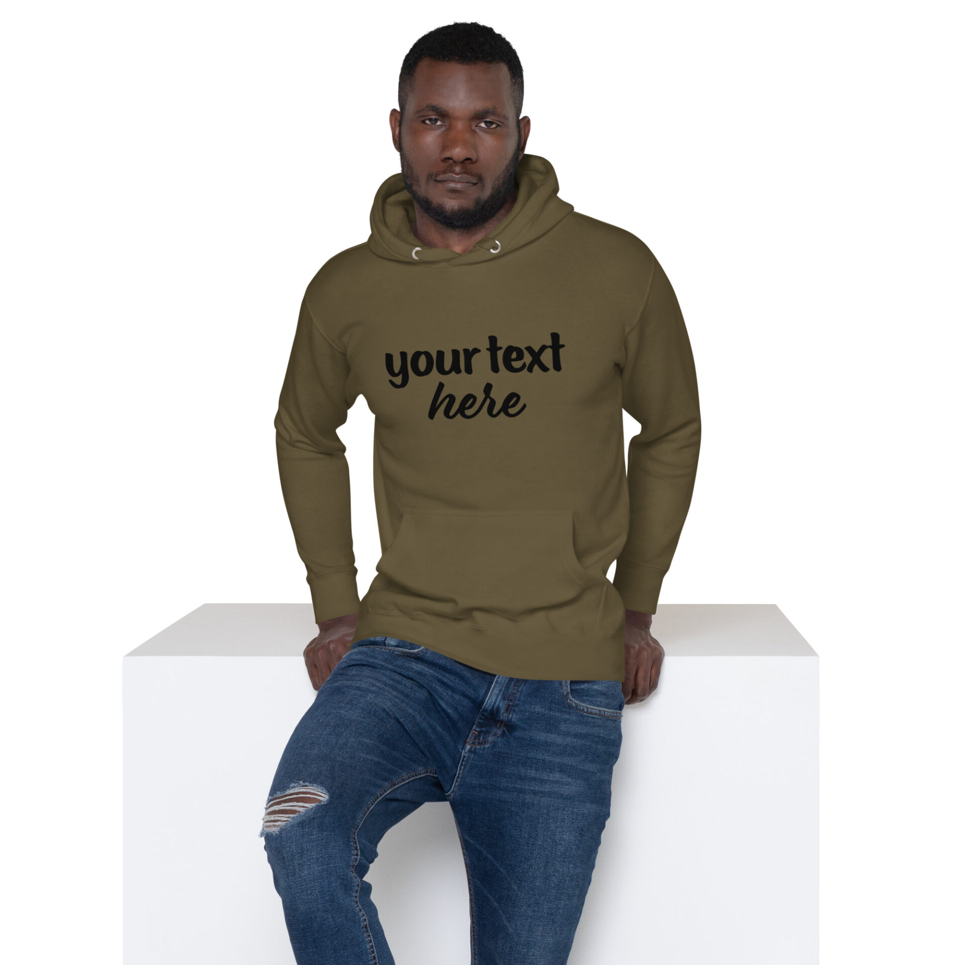 Man wearing a green hoodie with text.