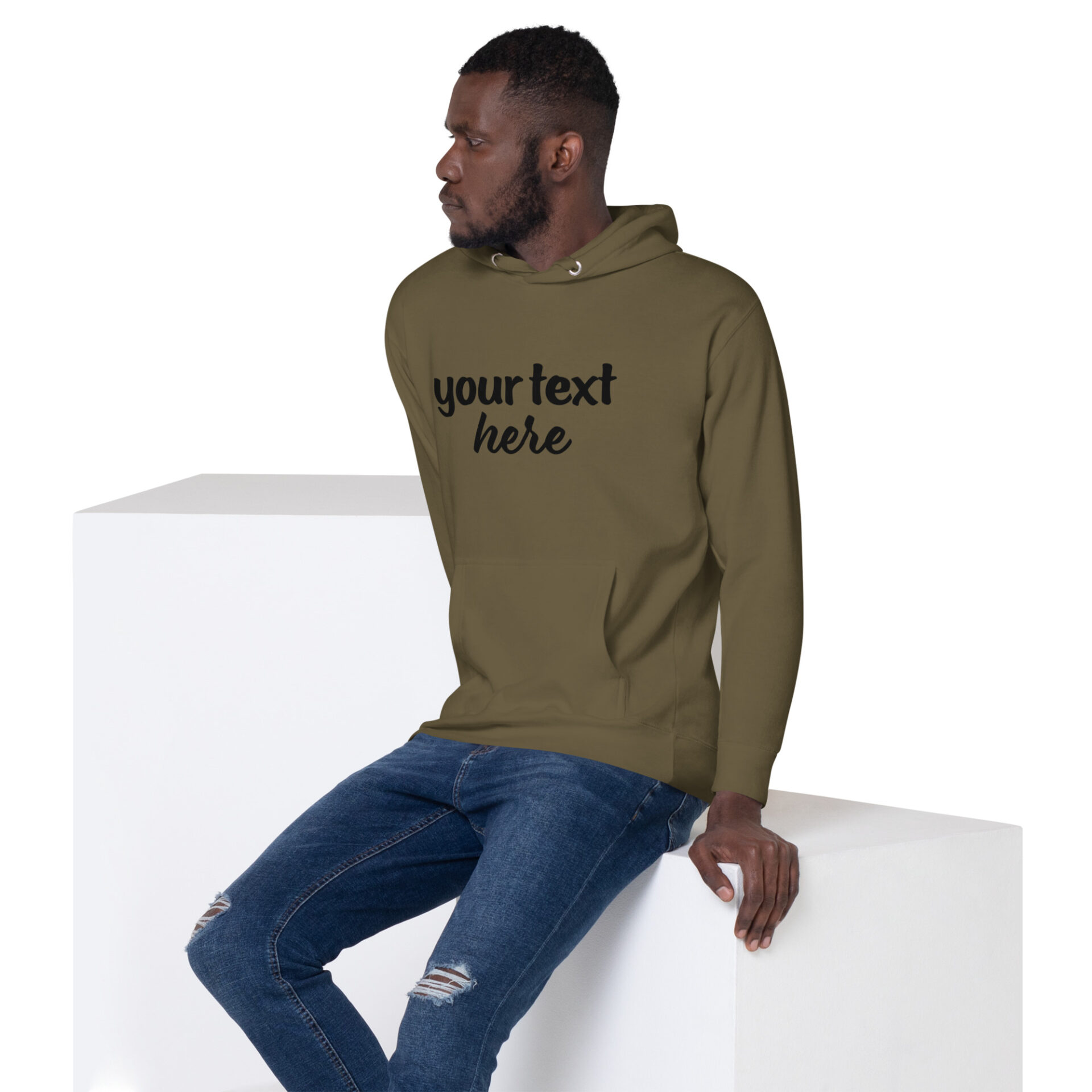 Man wearing a green hoodie with text.