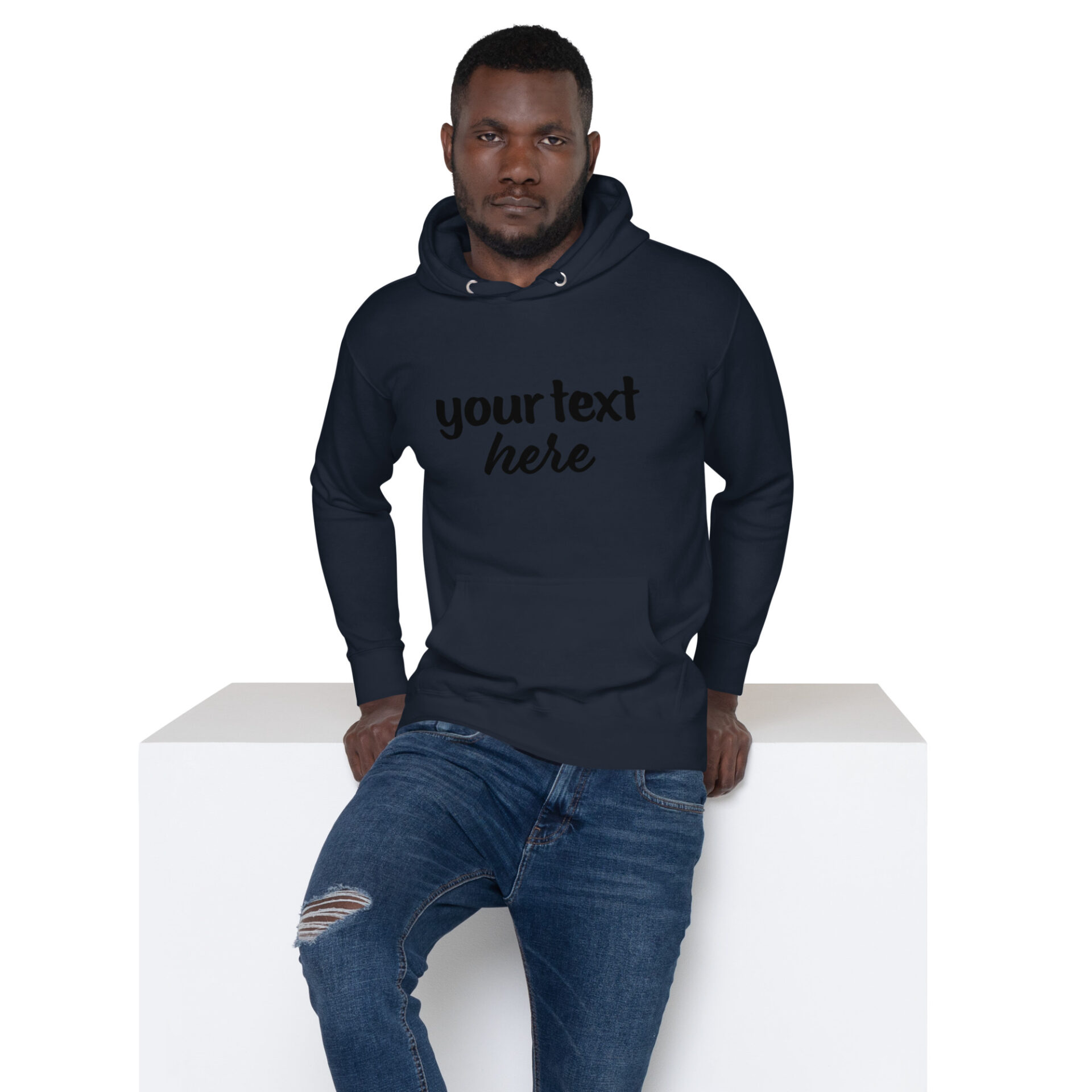 Man wearing a navy blue hoodie.