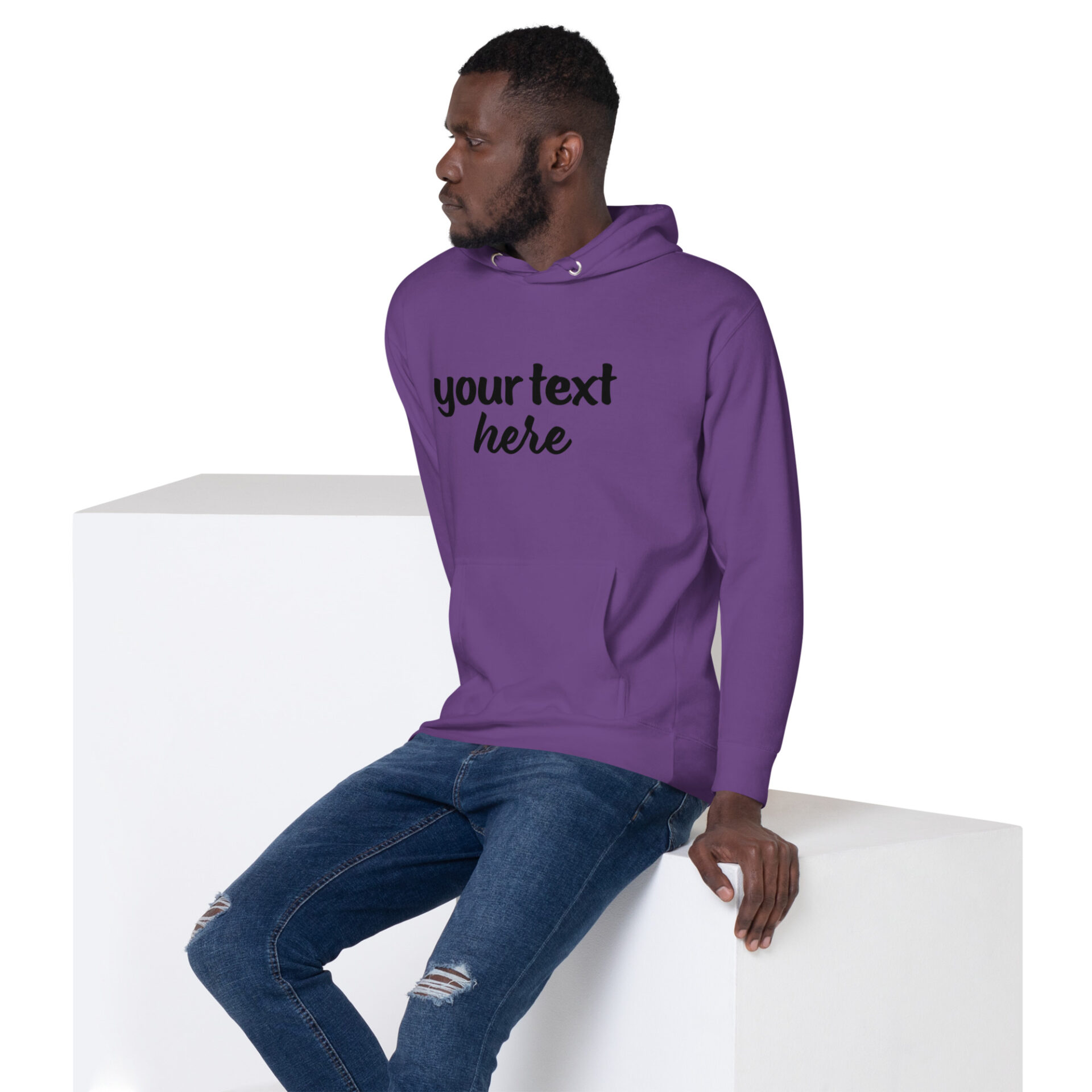 Man in purple hoodie with text "your text here".