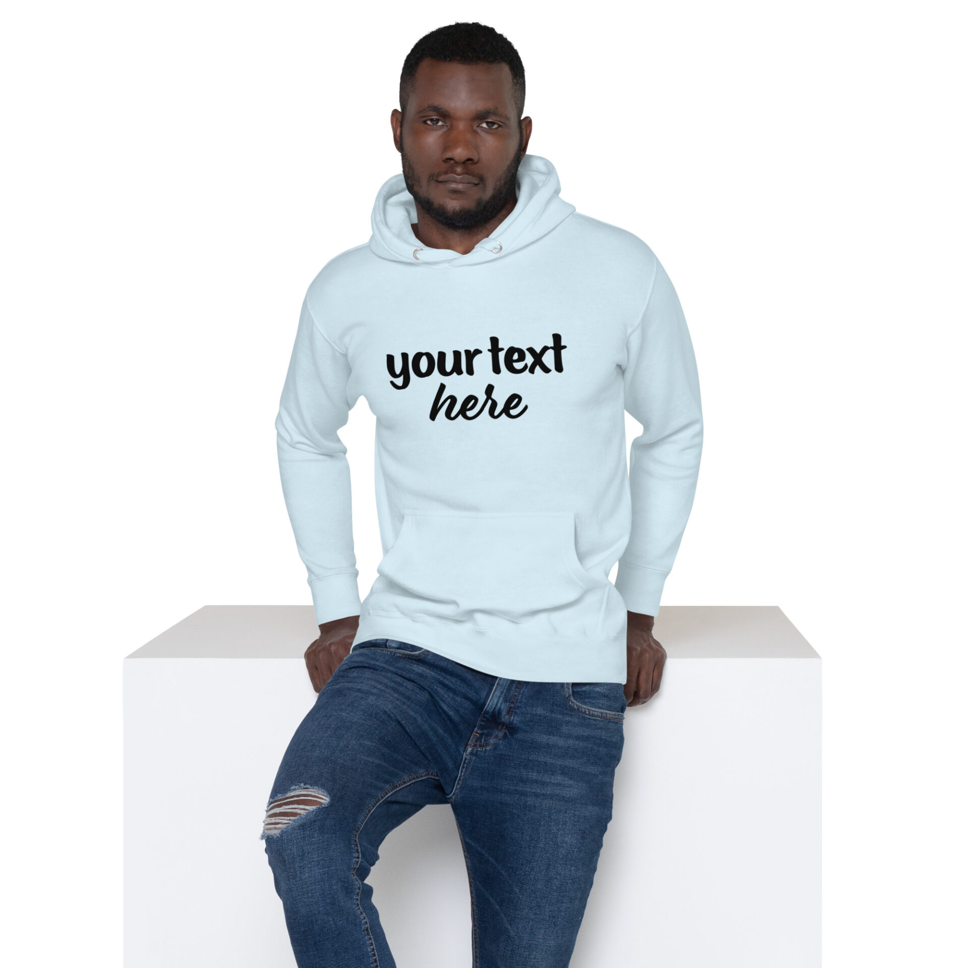 Man wearing a blue hoodie mockup.