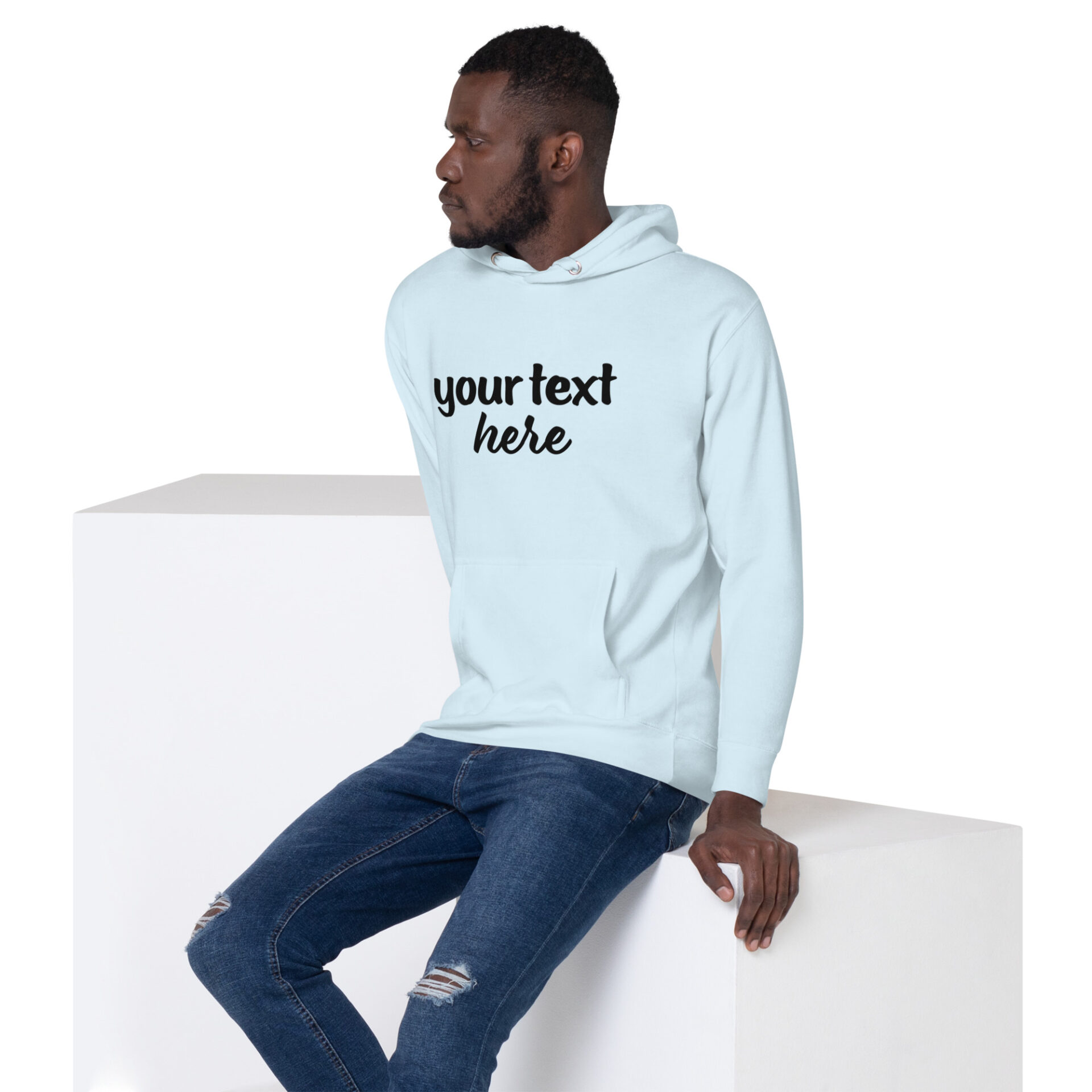 Man wearing a light blue hoodie