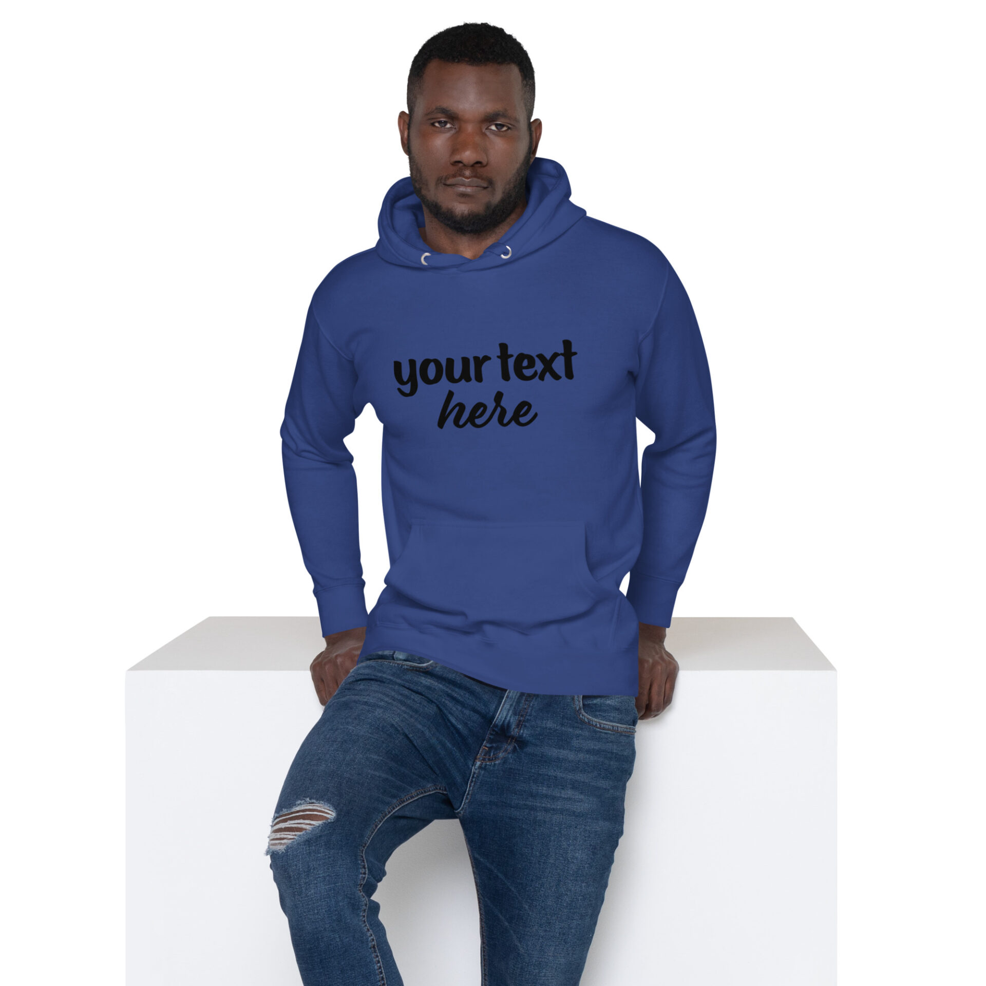 Man wearing blue hoodie with text.