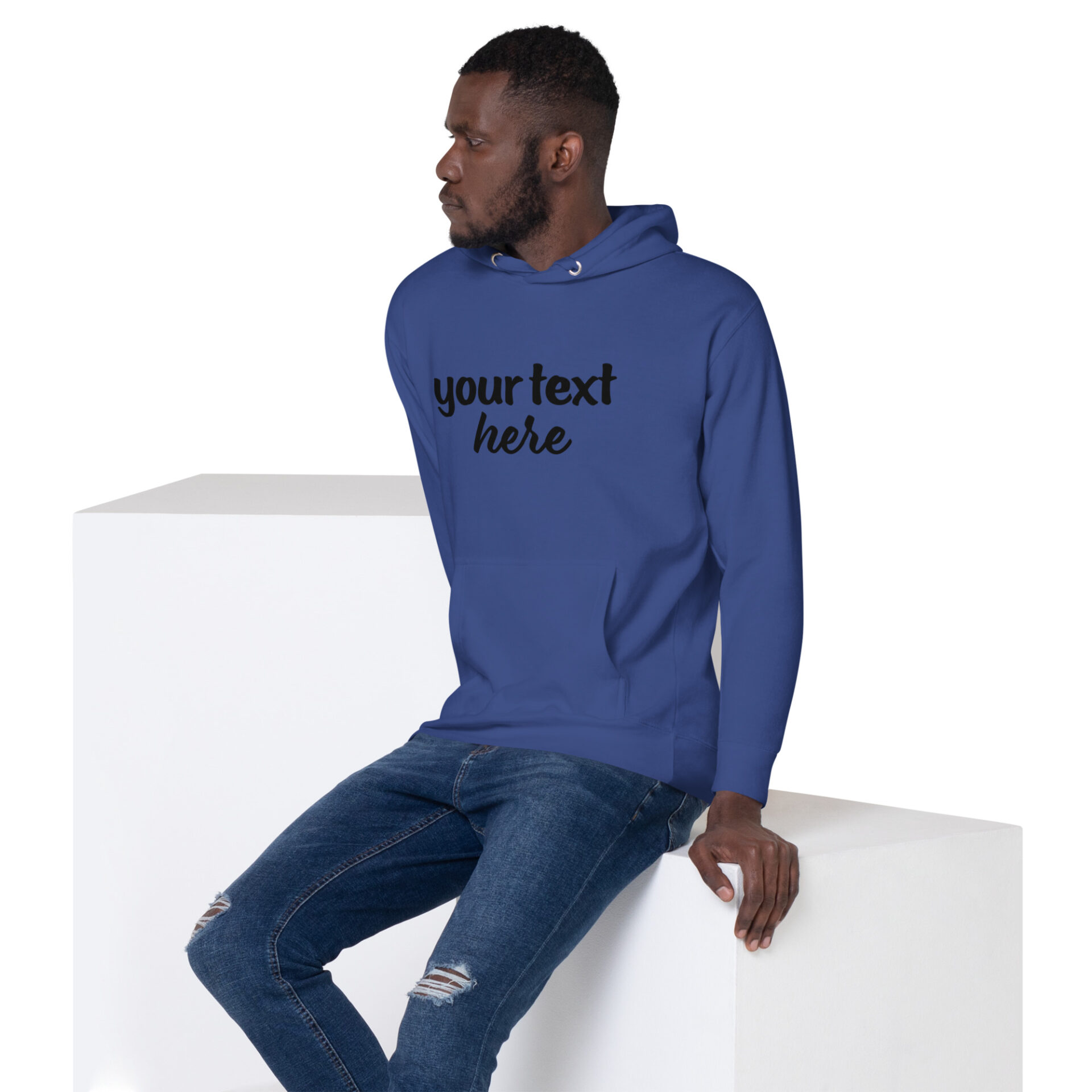Man wearing a blue hoodie with text.