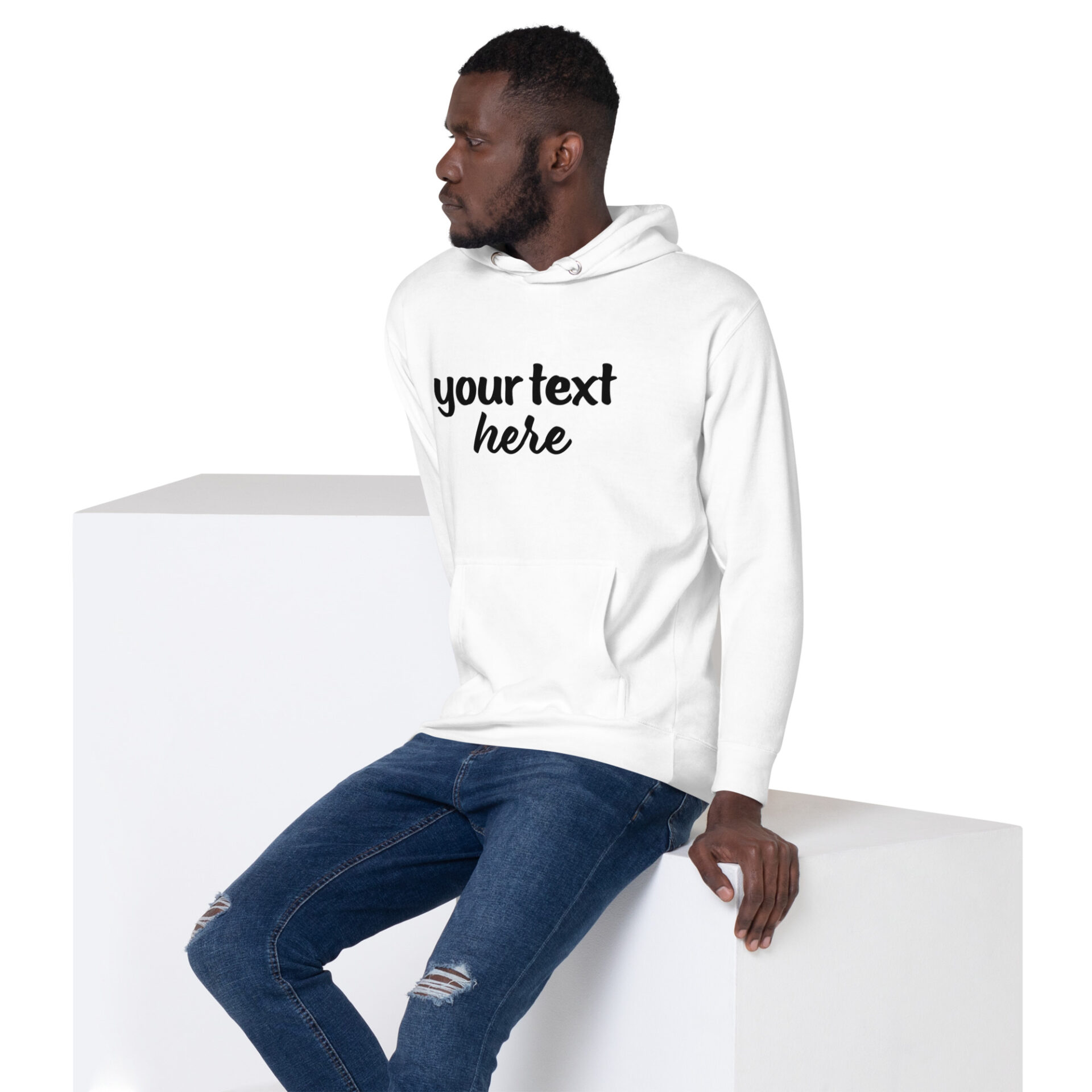 Man wearing a white hoodie with text.