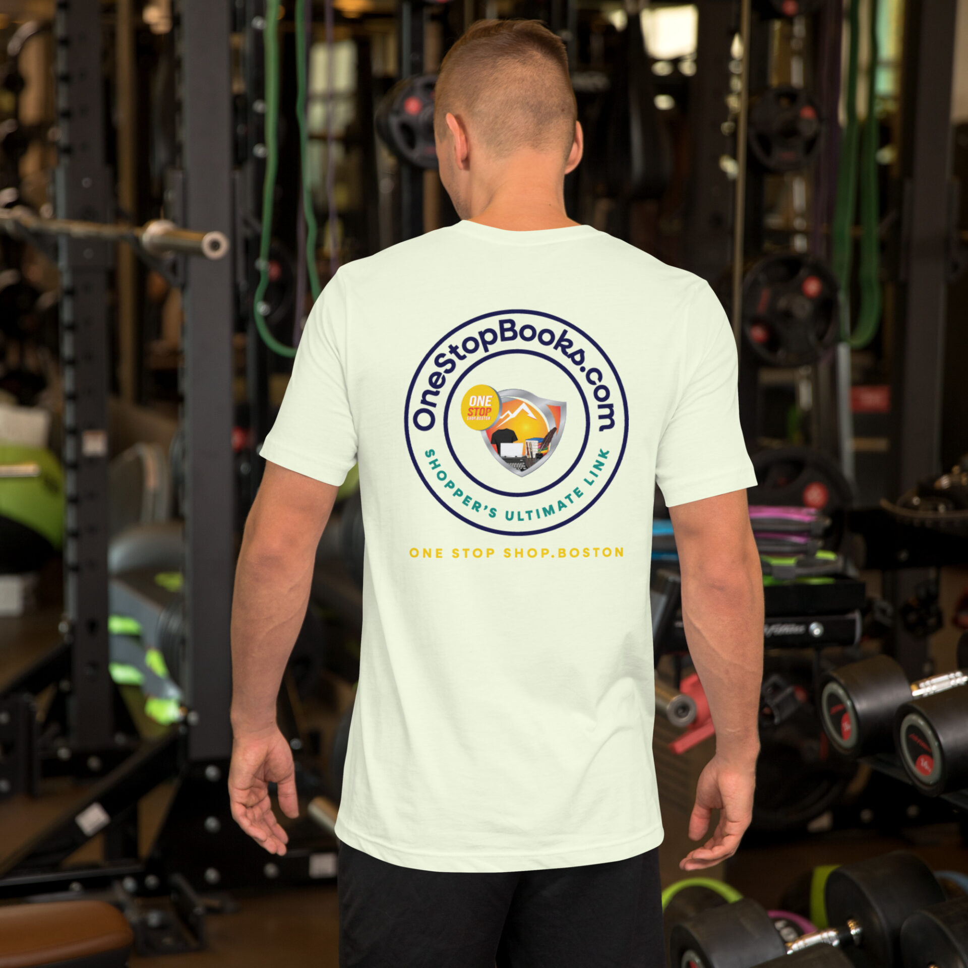 Man wearing a One Stop Books t-shirt.