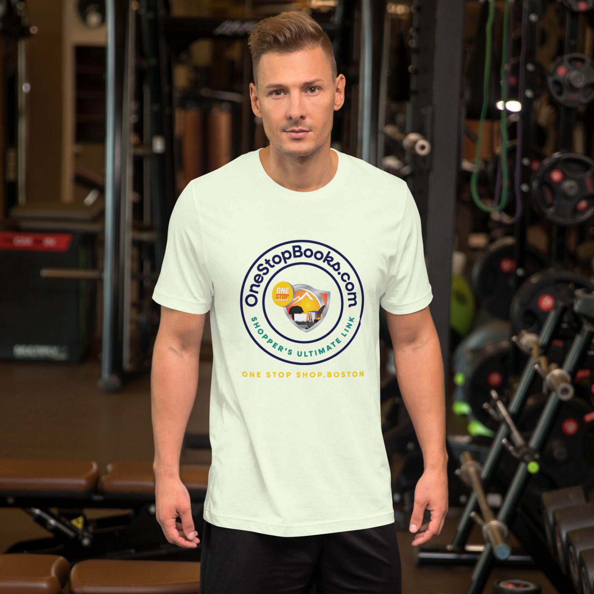 Man wearing a One Stop Books t-shirt.