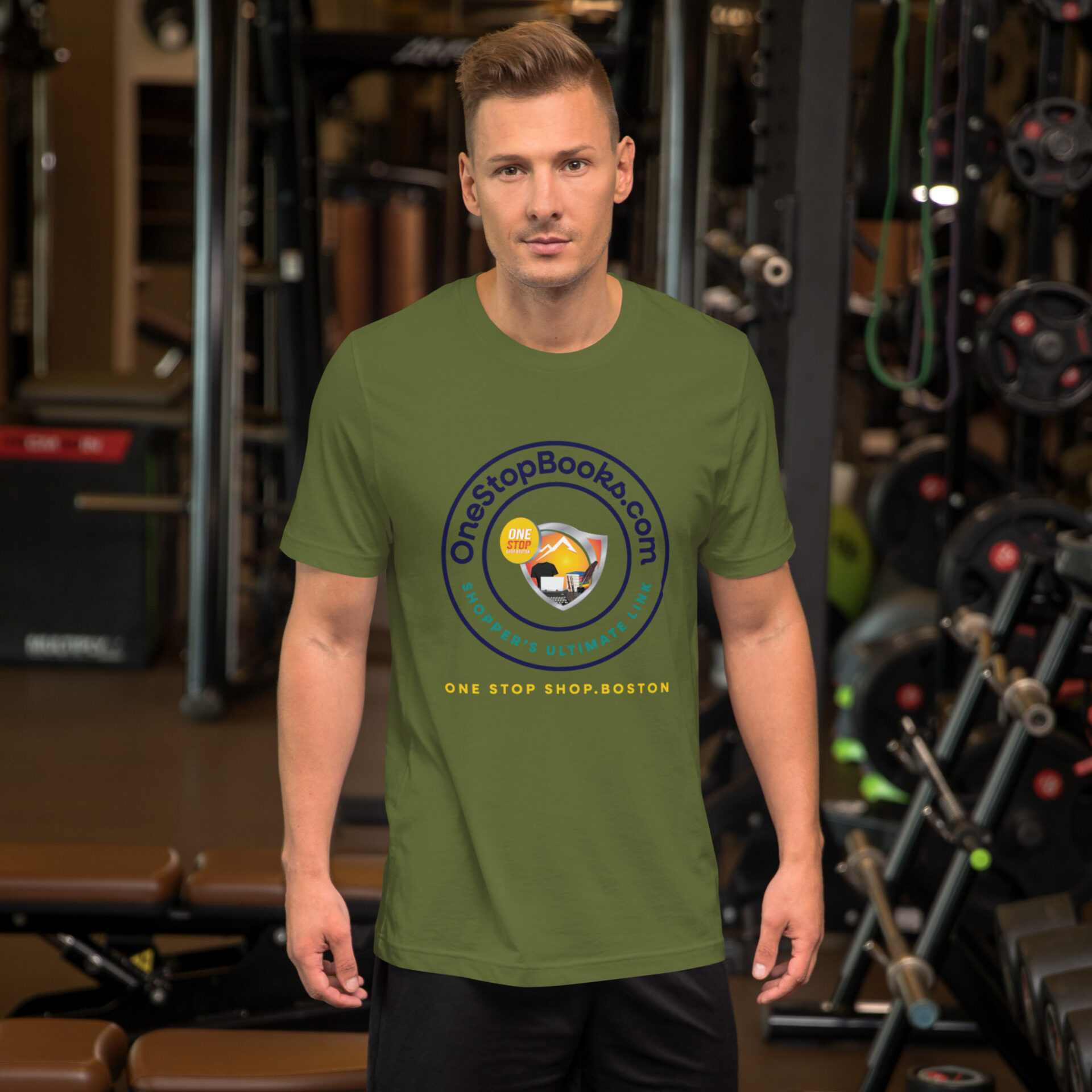 Man wearing green t-shirt with OneStopBooks.com logo.