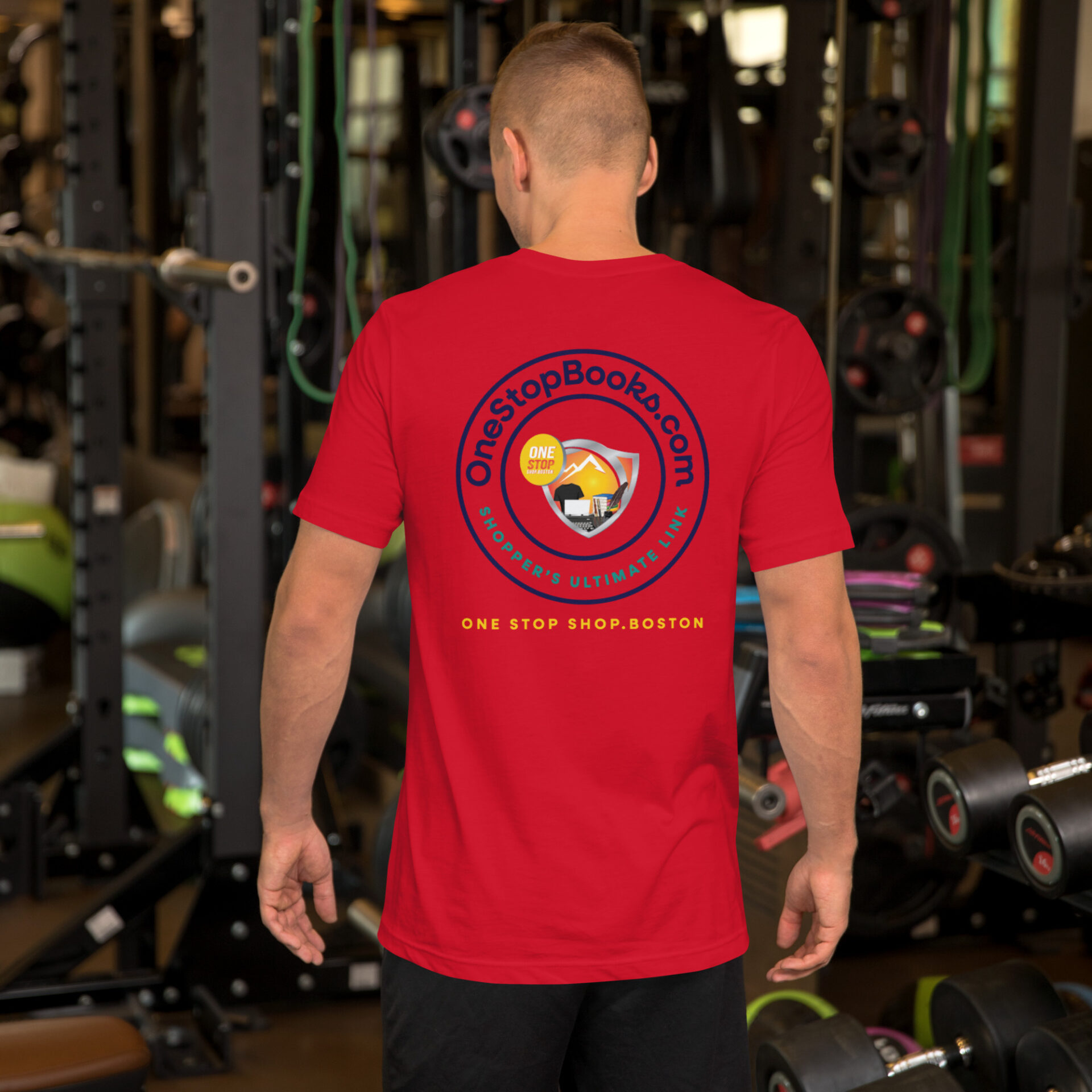 Man in red shirt with logo for OneStopBooks.com.