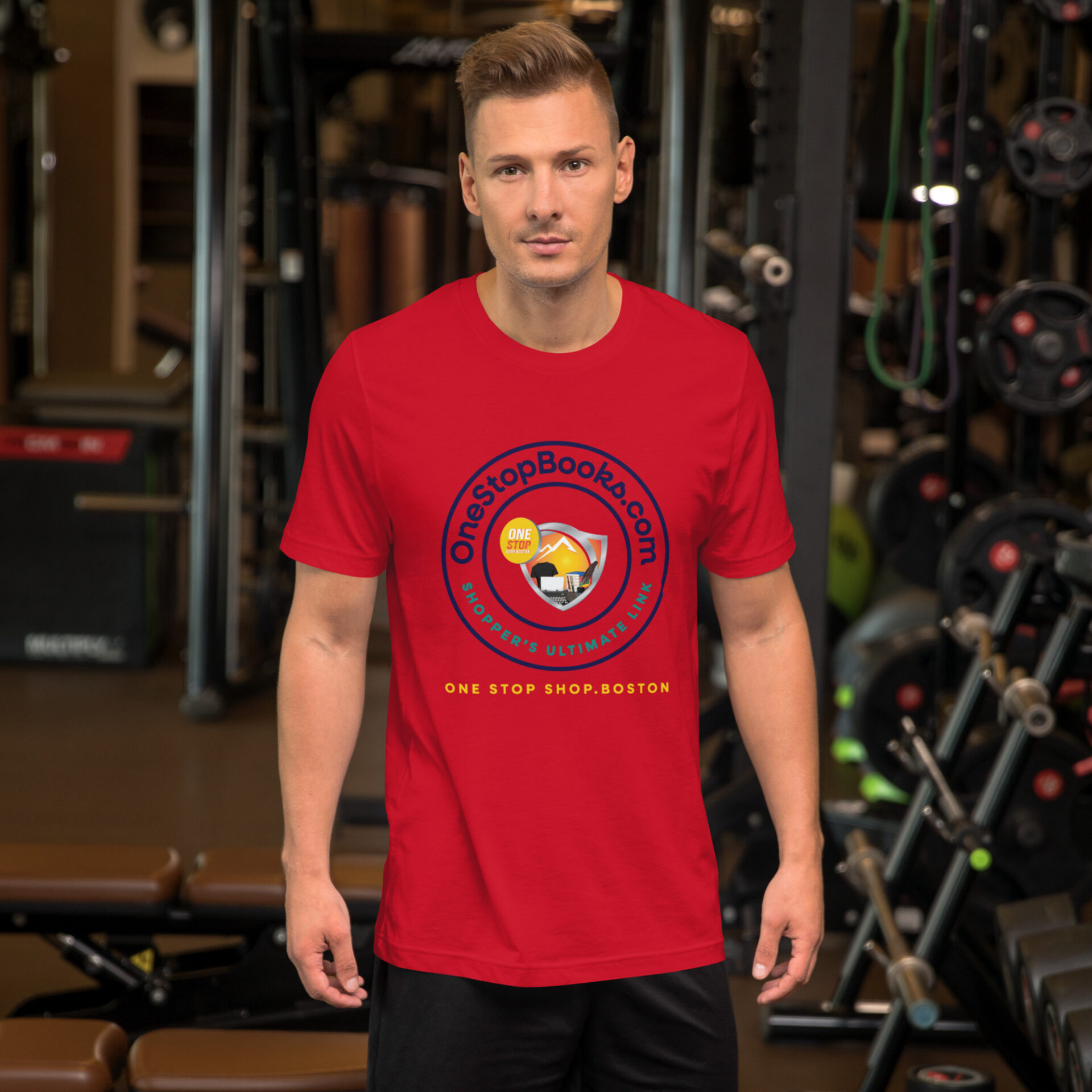 Man wearing red t-shirt with logo.