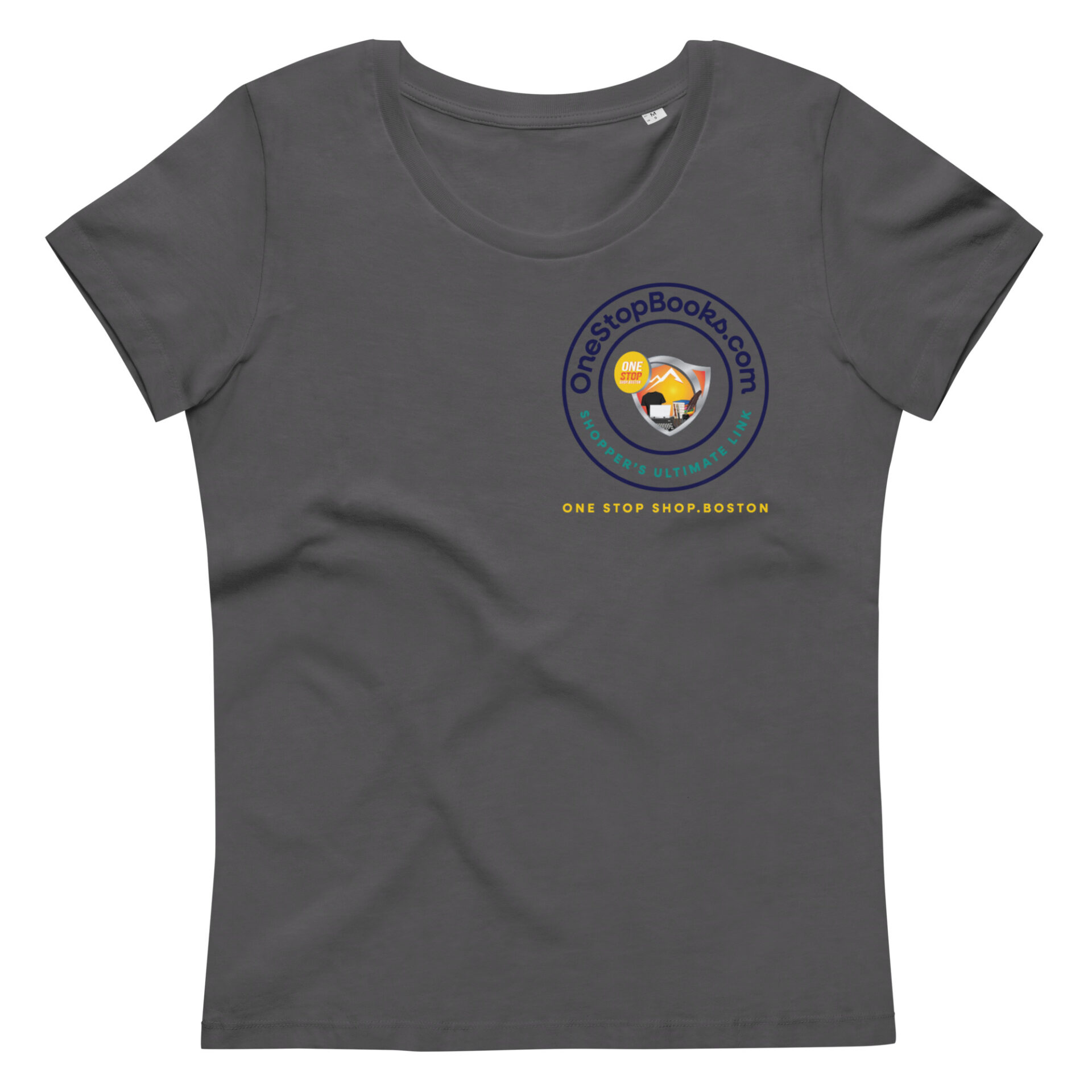 Grey t-shirt with OneStopBooks.com logo.