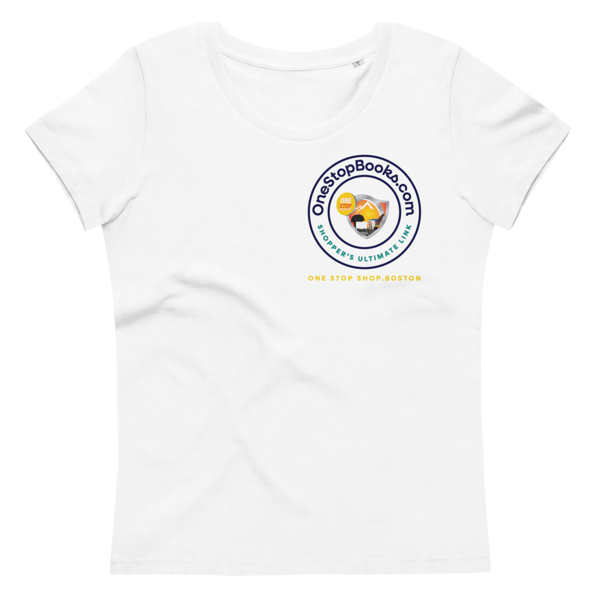 White t-shirt with OneStopBooks.com logo.