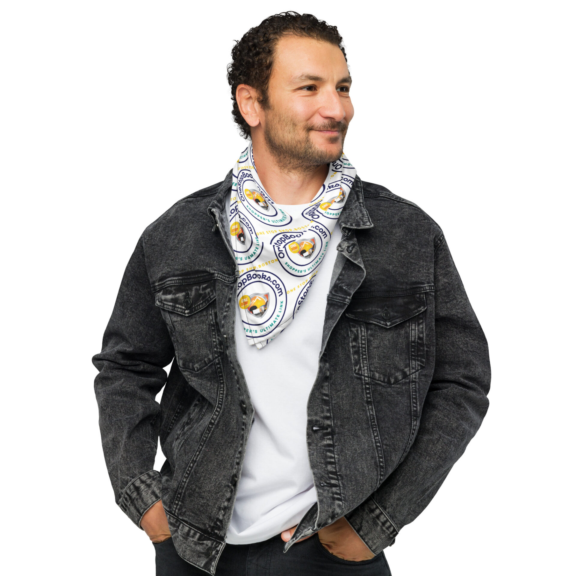 Man in a denim jacket wearing a patterned bandana.