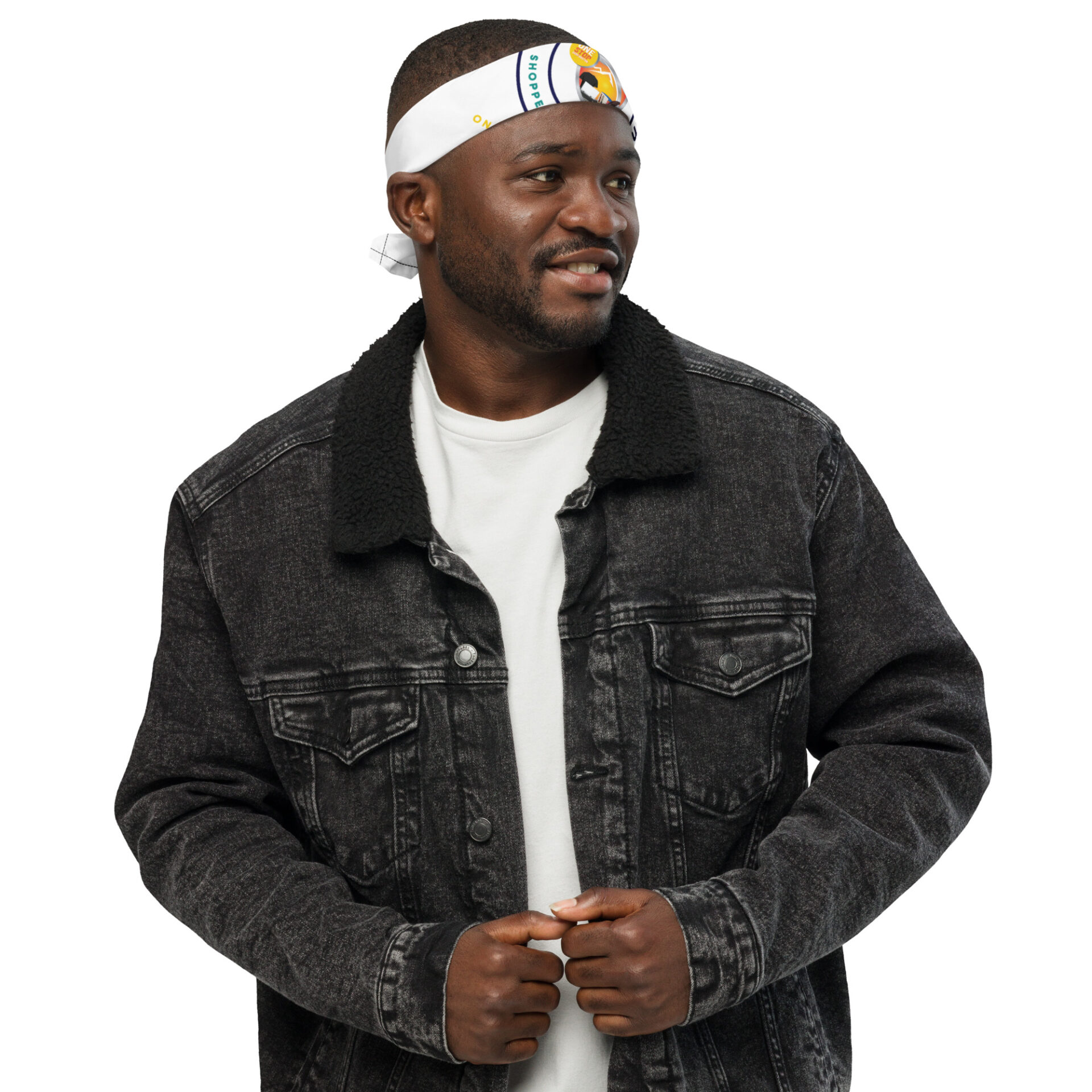 Man in a black denim jacket with a headband.