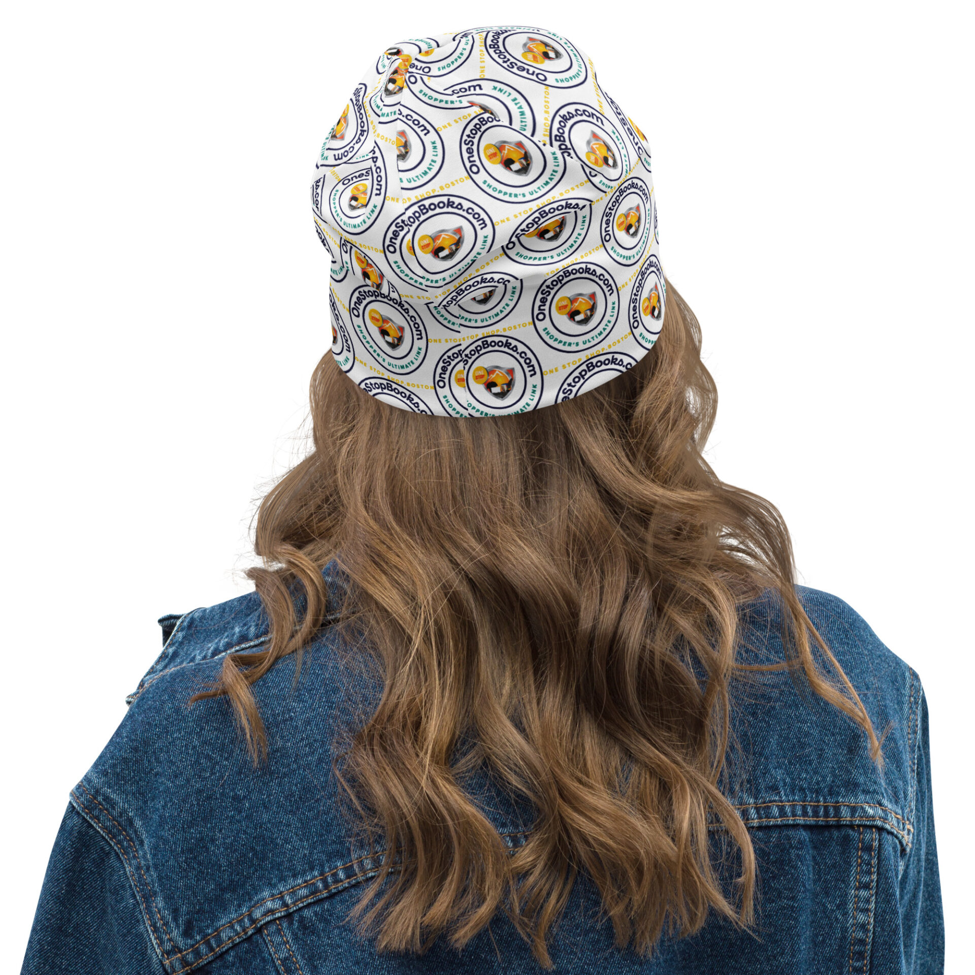 Woman wearing a OneStopBooks.com beanie.