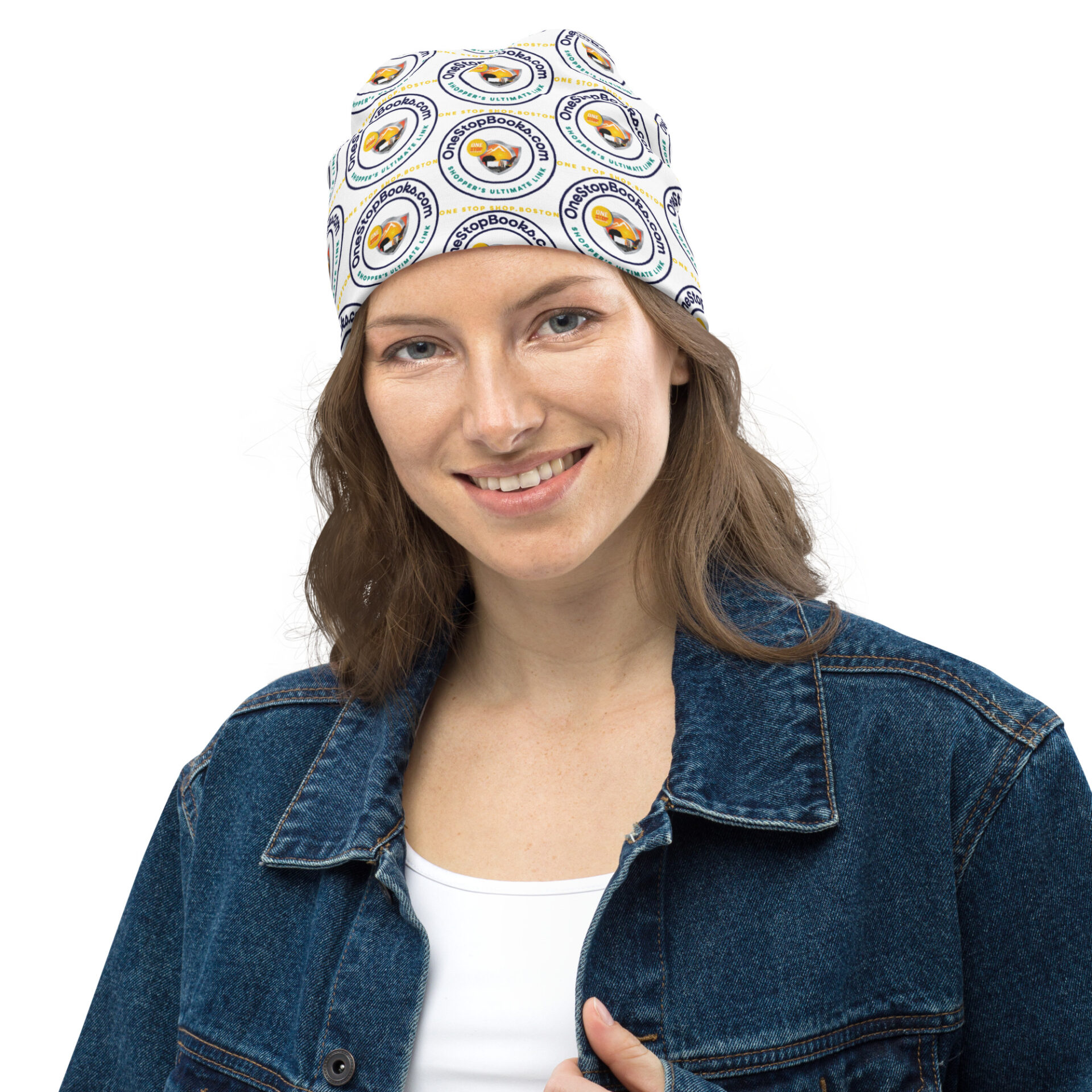 Woman wearing a denim jacket and beanie.