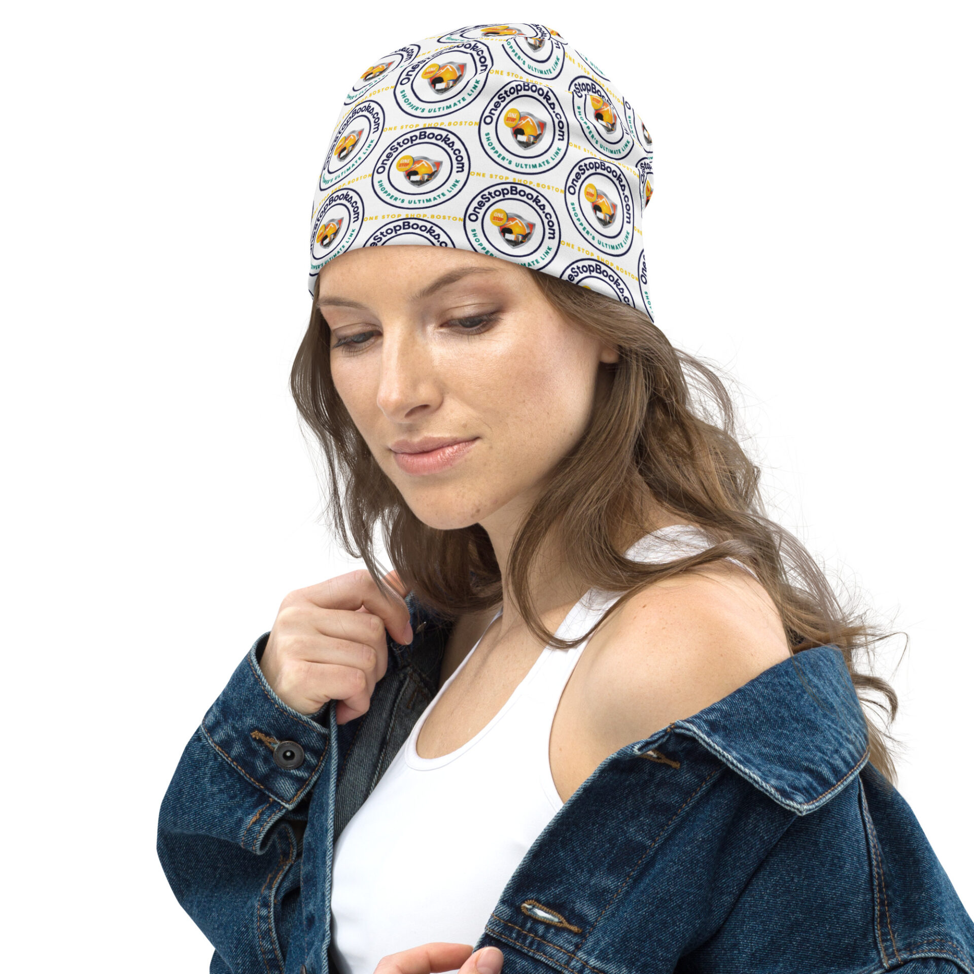 Woman wearing a One Stop Books hat.