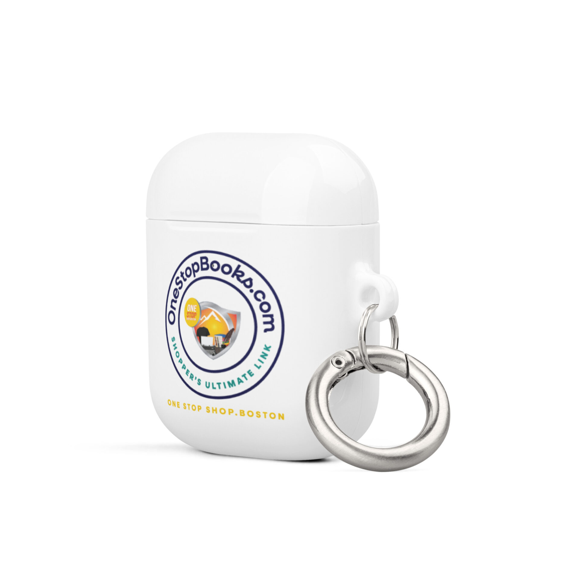 White Airpod case with OneStopBooks.com logo.