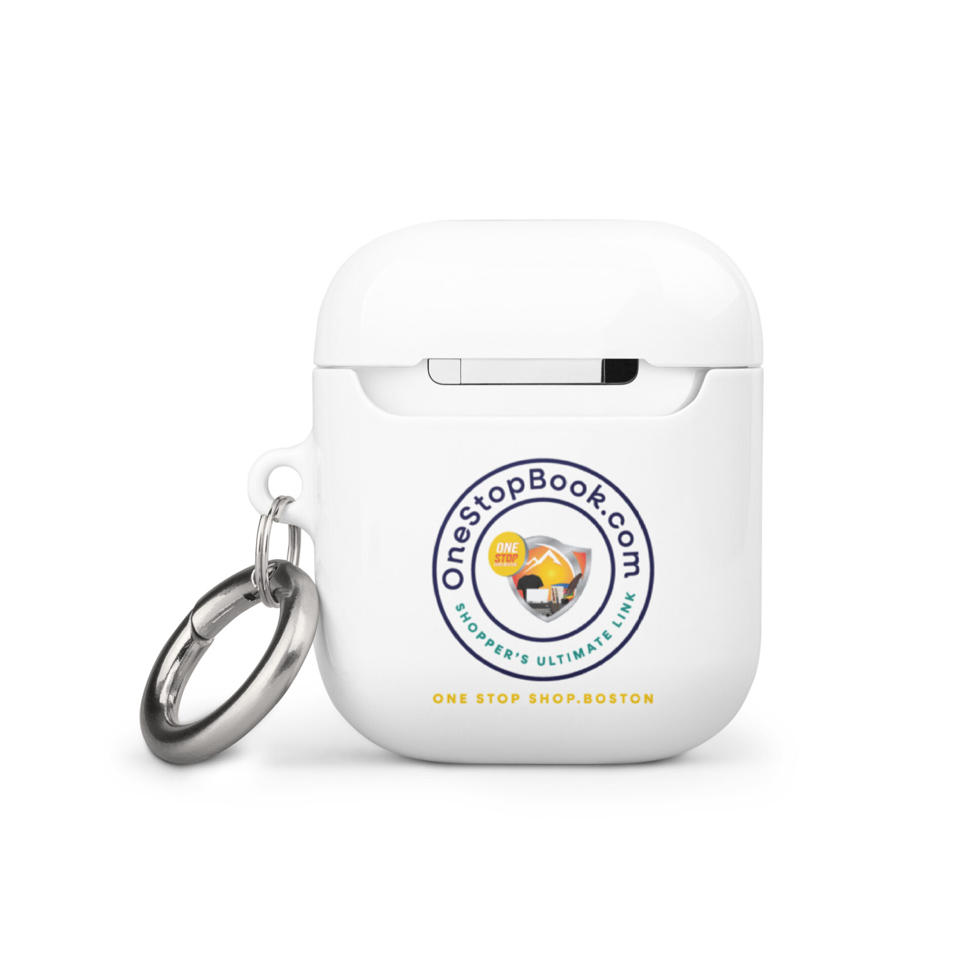 White Airpod case with keychain and logo.