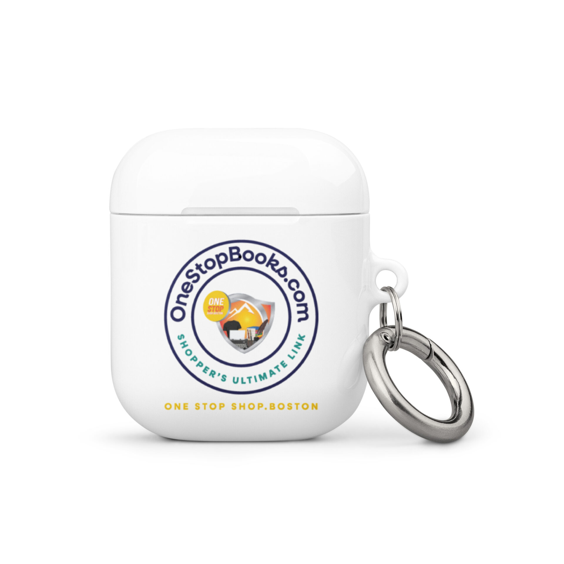 White Airpods case with OneStopBooks.com logo.