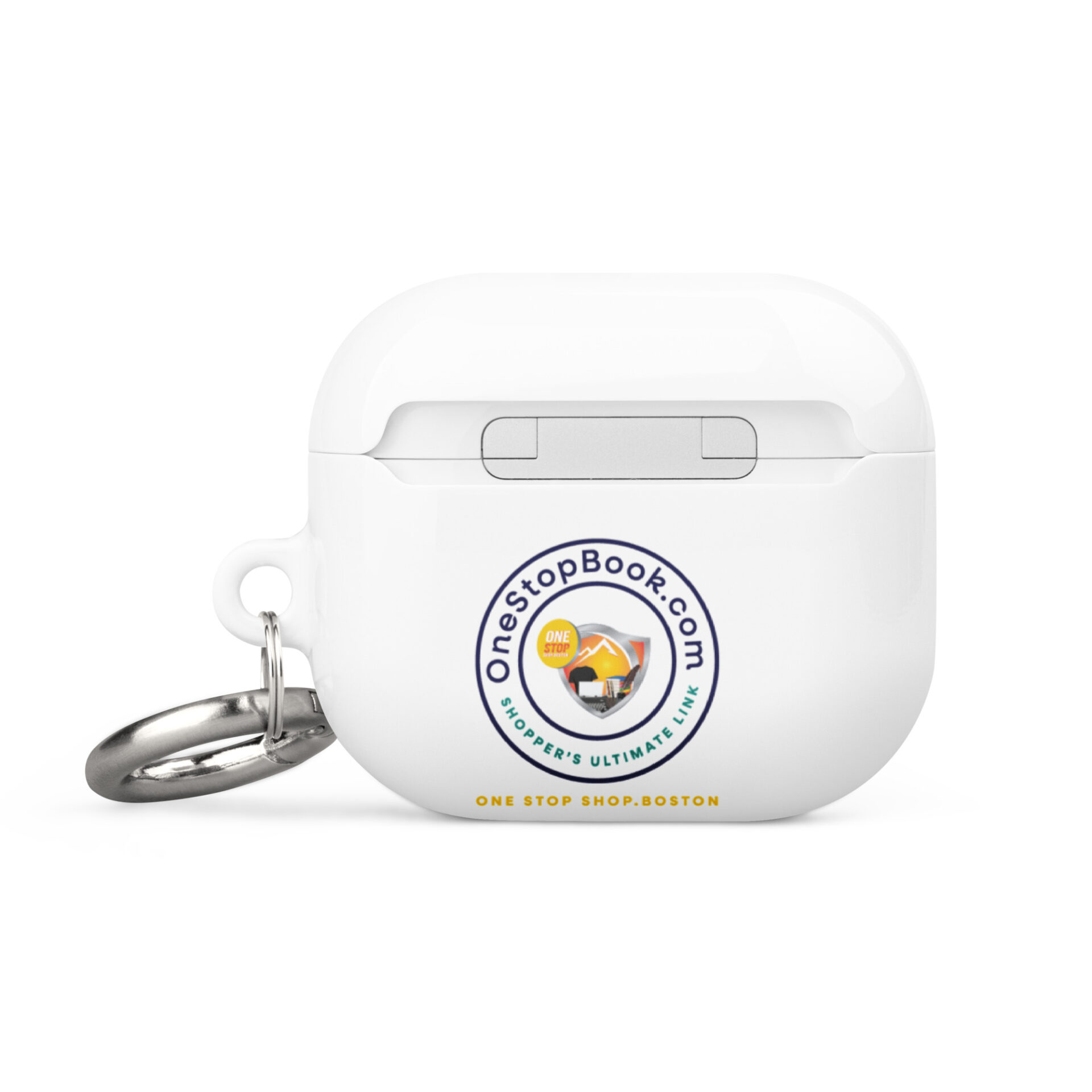 White Airpod case with OneStopBook.com logo.